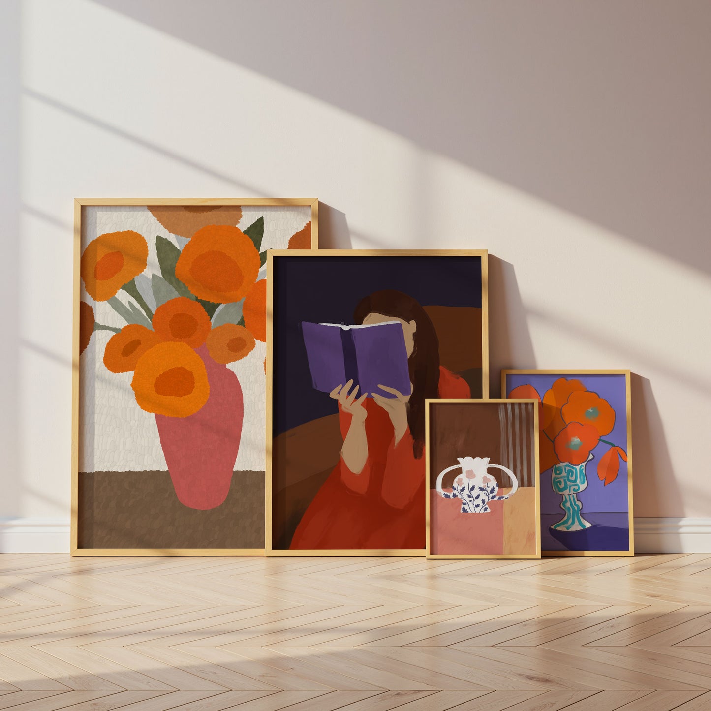 Blumen Poster · Geschenkidee · Bunte Blumenvasen, Stillleben und Abstrakte Wellenkunst · Dekoprint ohne Rahmen