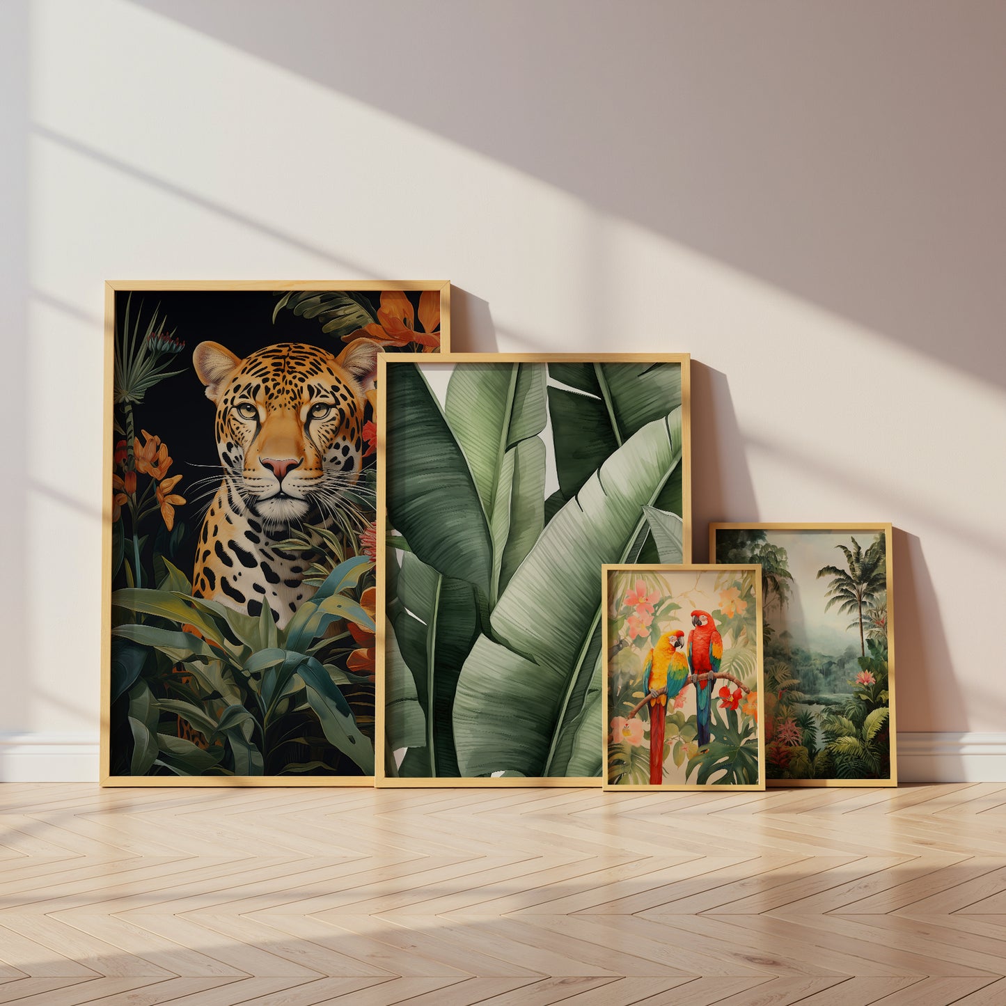 Dschungel Poster · Geschenkidee · Aquarell mit Leopard Papageien Flamingo · Wohnzimmer Deko · Dekoprint ohne Rahmen