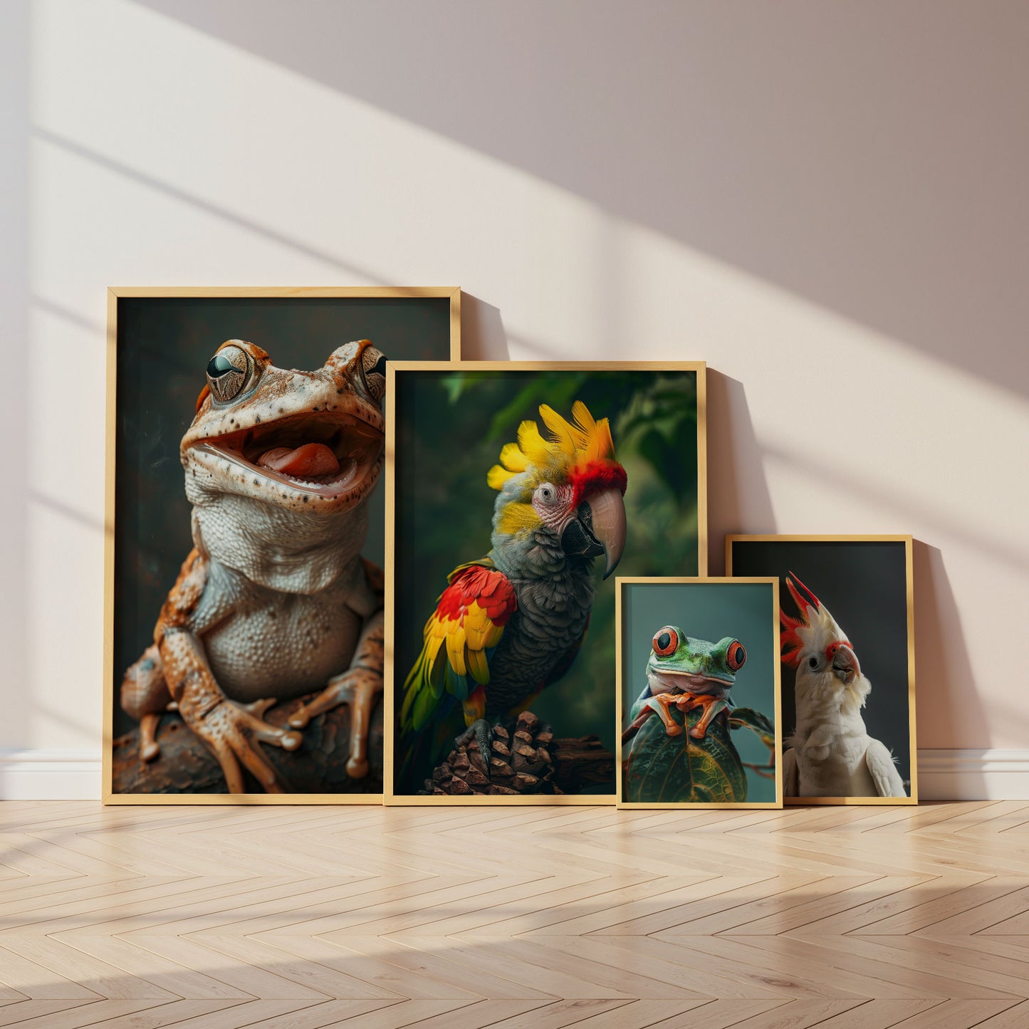 Exotische Tierporträts Poster · Geschenkidee · Kakadu, Papagei, Frosch, Gecko, Faultier und Eule · Dekoprint ohne Rahmen