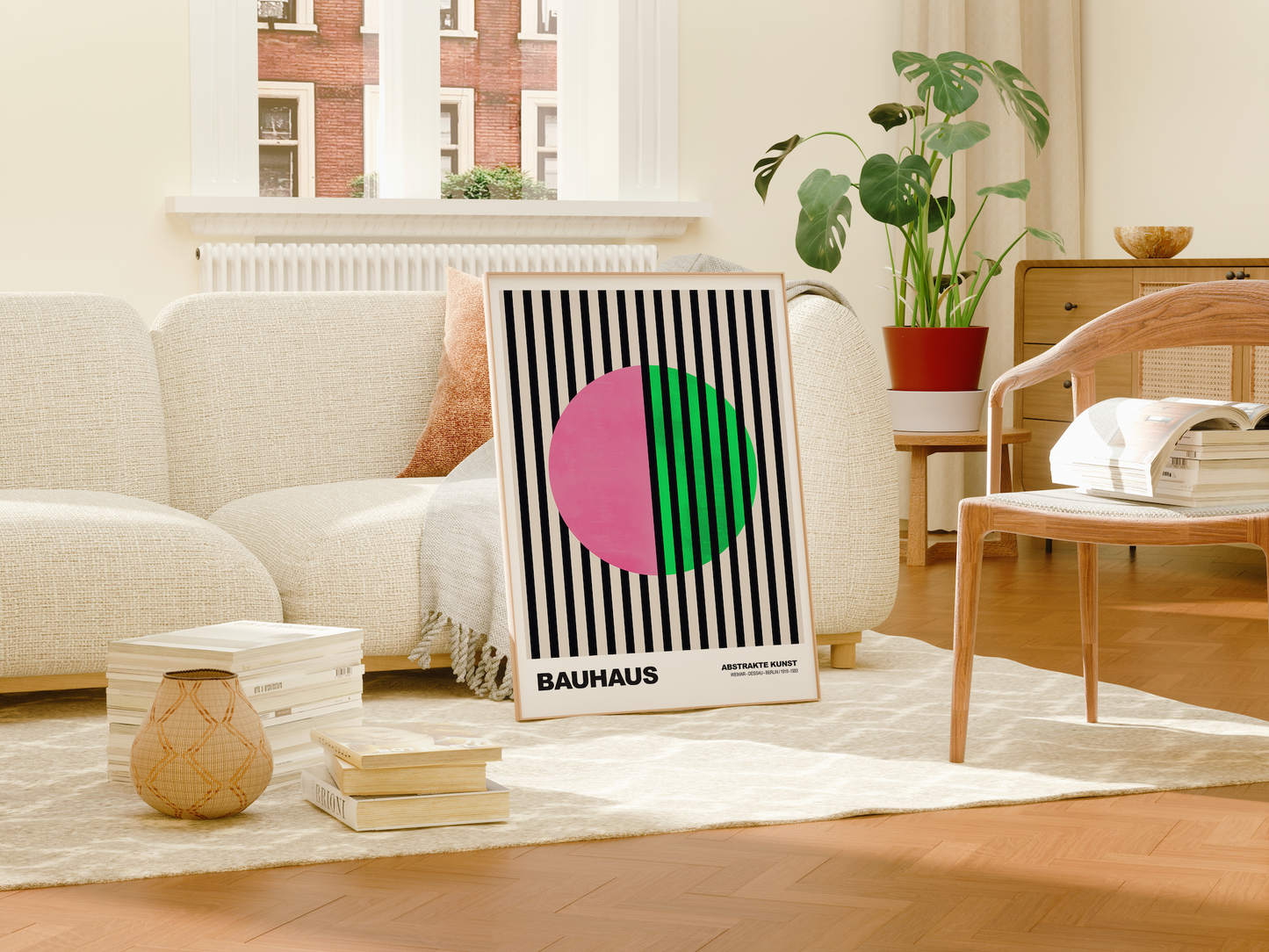 Poster Bauhaus Abstrakte Kunst · Pink Grüner Kreis mit schwarzen Streifen · Modernes Geometrisches Design · Deko Print ohne Rahmen