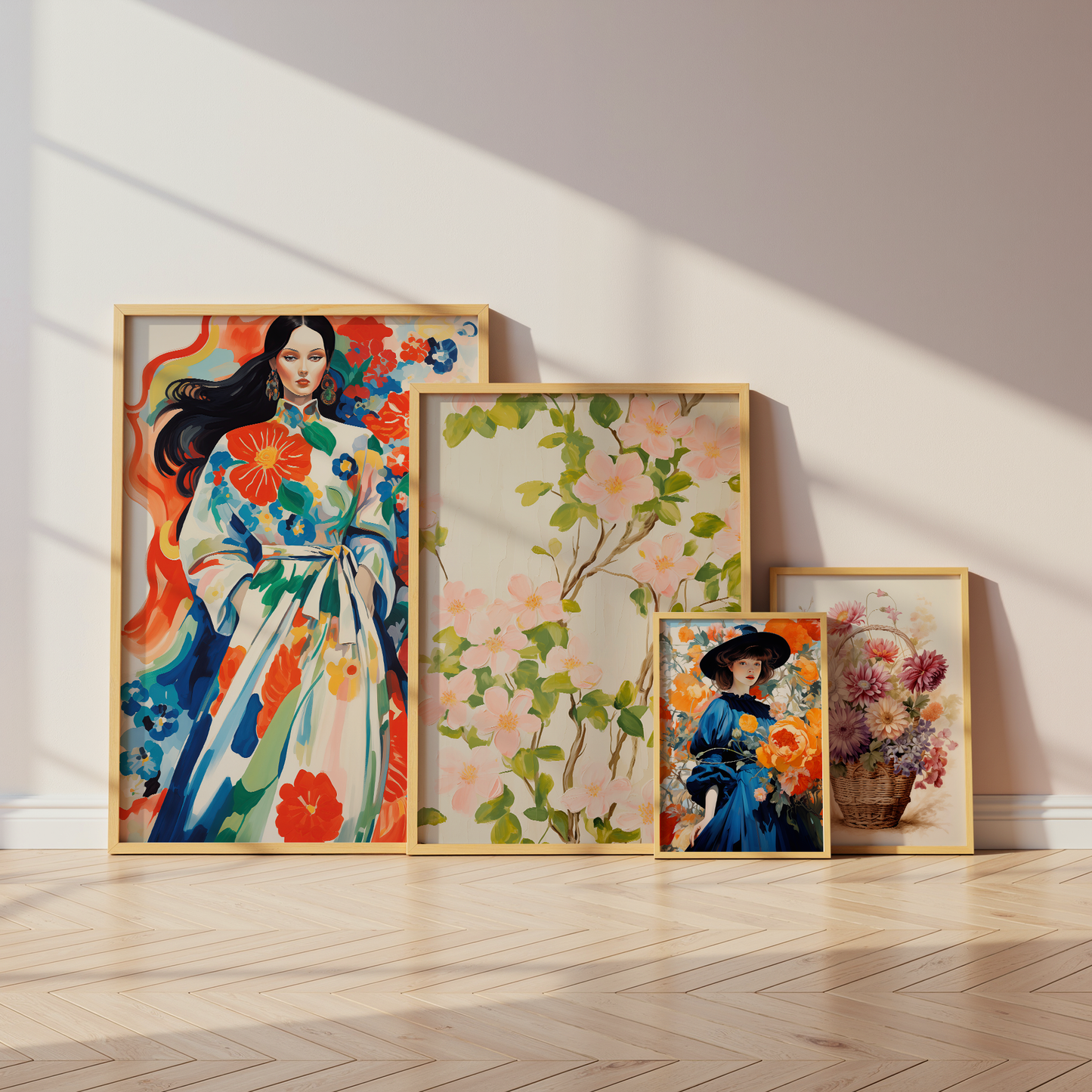 Moderne Kunst Poster · Geschenkidee · Elegante Frau mit Blumenkleid und Farbenfrohe Blumenkunst · Dekoprint ohne Rahmen