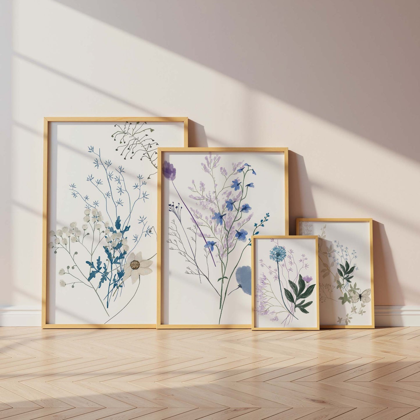 Botanische Wildblumen Poster · Geschenkidee · Zarte Blumenarrangements in Pastellfarben mit Schmetterlingen · Dekoprint ohne Rahmen