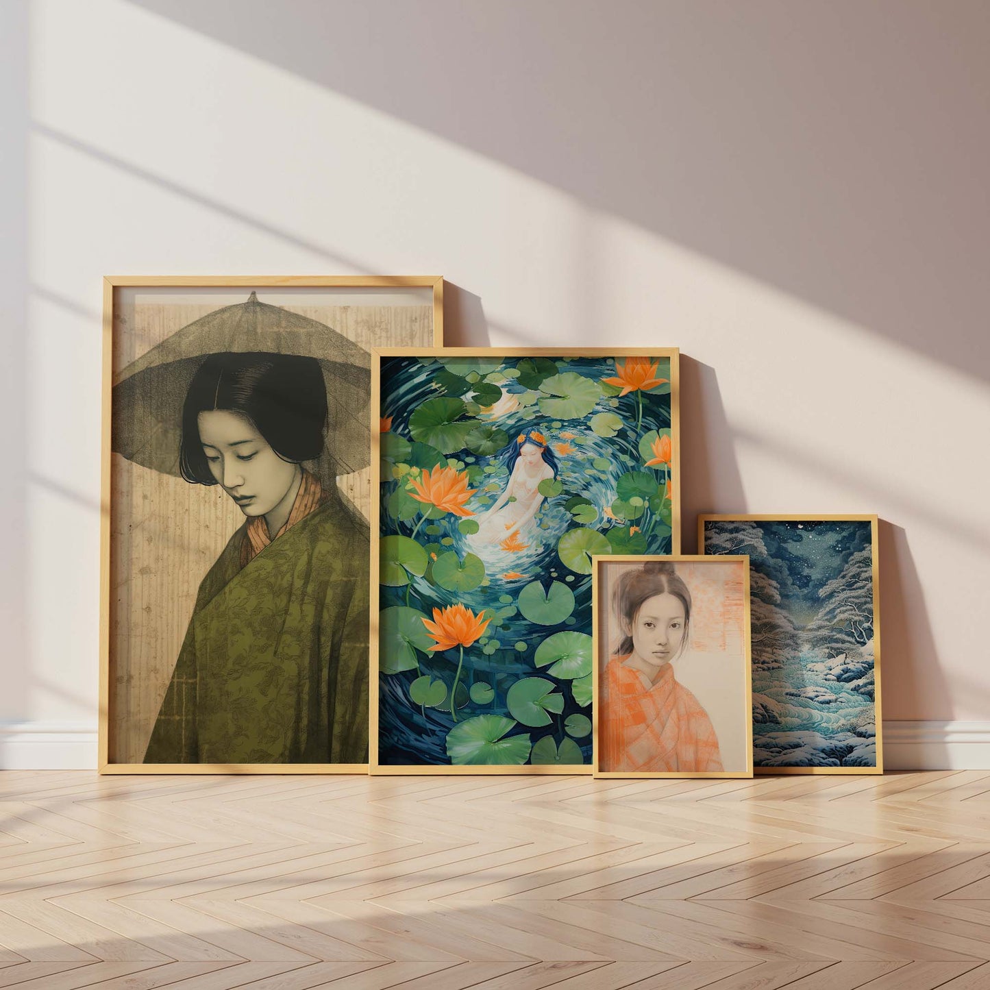 Japan Poster · Geschenkidee · Geisha Ukiyo-e Wellen und Zen Landschaft · Dekoprint ohne Rahmen