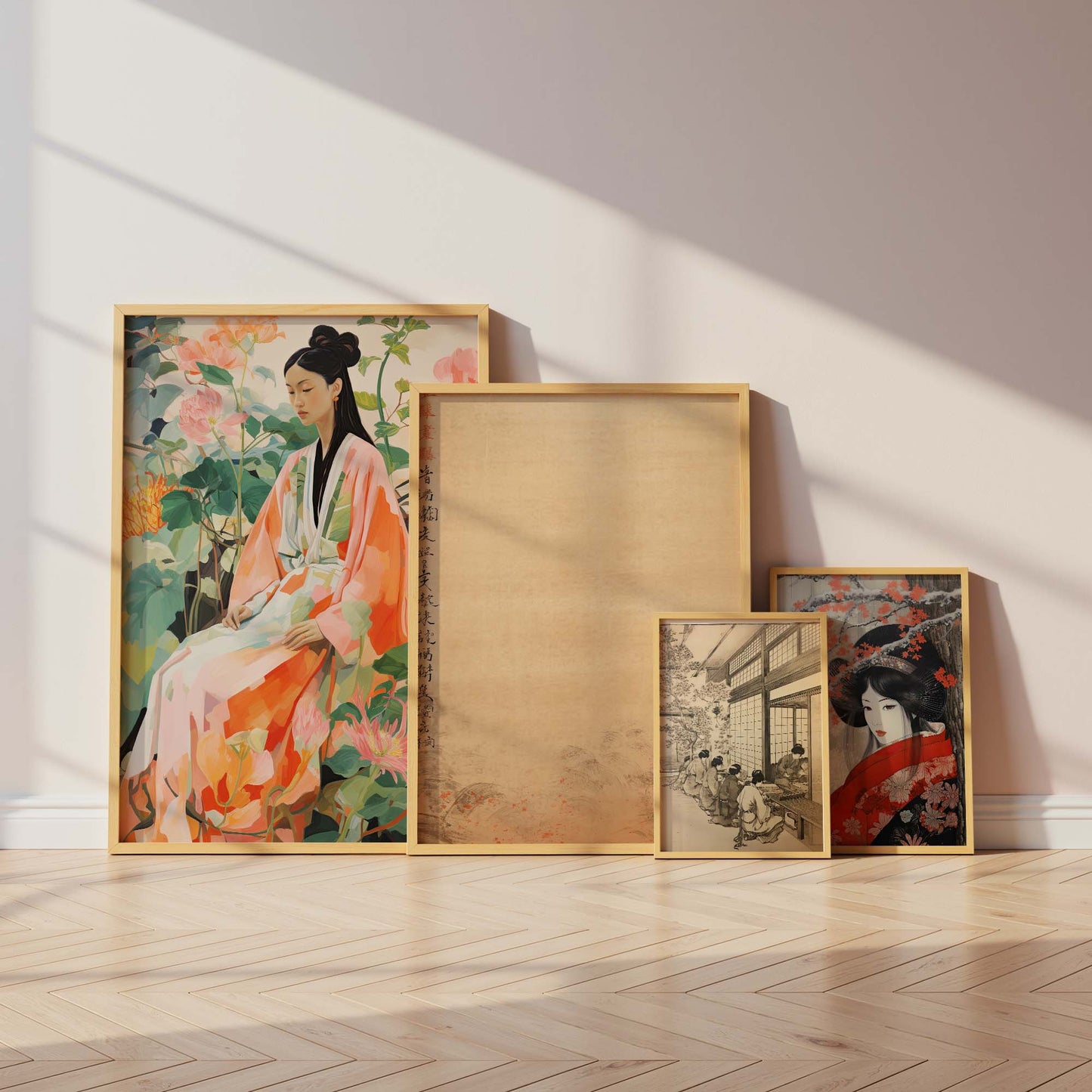 Japan Poster · Geschenkidee · Geisha Kirschblüten Koi und Lotus im Japandi Stil · Dekoprint ohne Rahmen