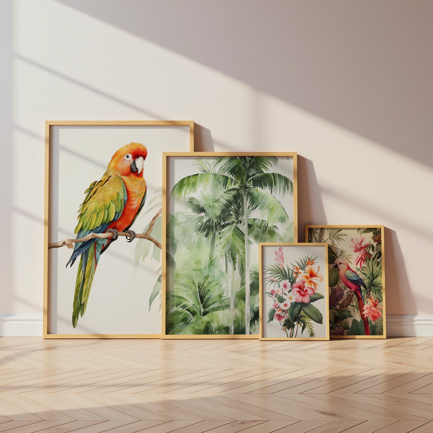 Dschungel Poster · Geschenkidee · Papageien Palmen Botanische Aquarellkunst · Wohnzimmer Dekoprint ohne Rahmen