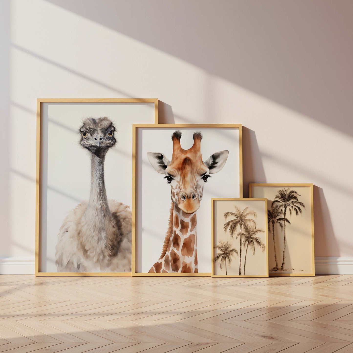Safari Poster · Geschenkidee · Giraffe Tiger Affe Strauß und Palmen · Dekoprint ohne Rahmen