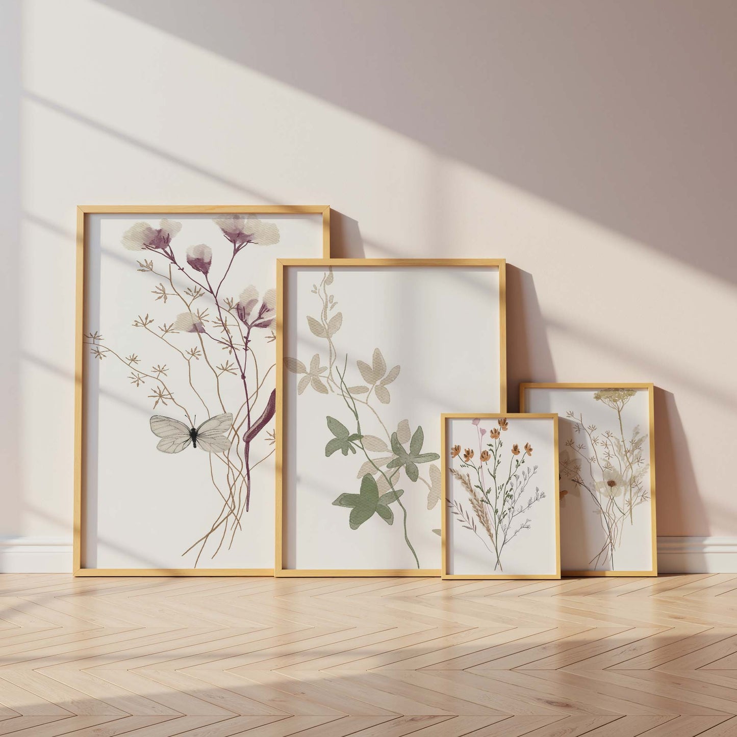 Wildblumen Poster · Geschenkidee · Zarte botanische Blumen mit blauen Blüten und Schmetterlingen · Dekoprint ohne Rahmen