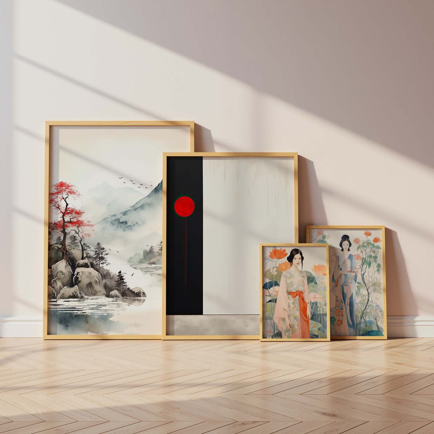Japan Poster · Geschenkidee · Zen Minimalismus Kalligrafie Geisha und Landschaft · Dekoprint ohne Rahmen