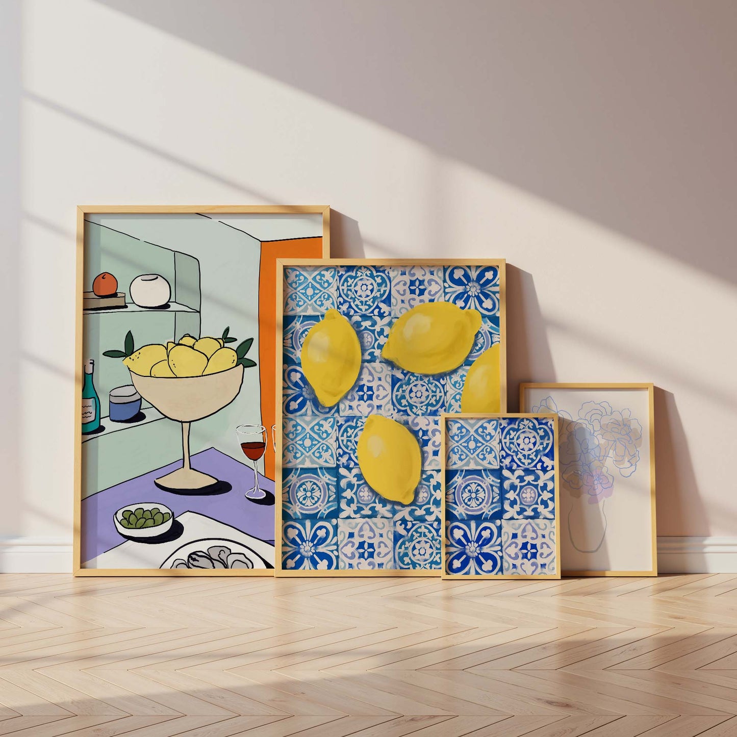Mediterrane Zitronen Poster · Geschenkidee · Blaue Fliesen, Zitronen und mediterrane Kunst · Dekoprint ohne Rahmen