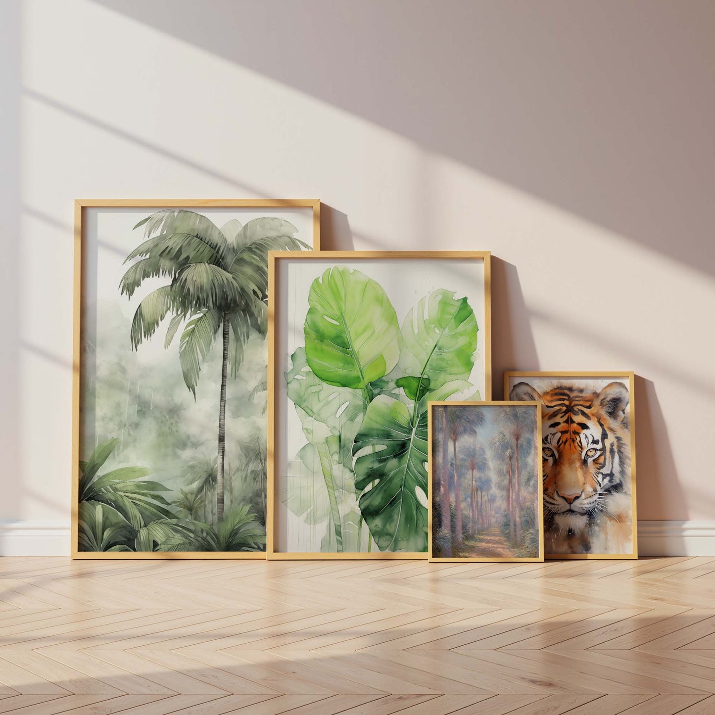 Tropische Pflanzen Poster · Geschenkidee · Aquarell Dschungelblätter und Tiger · Wohnzimmer Dekoprint ohne Rahmen