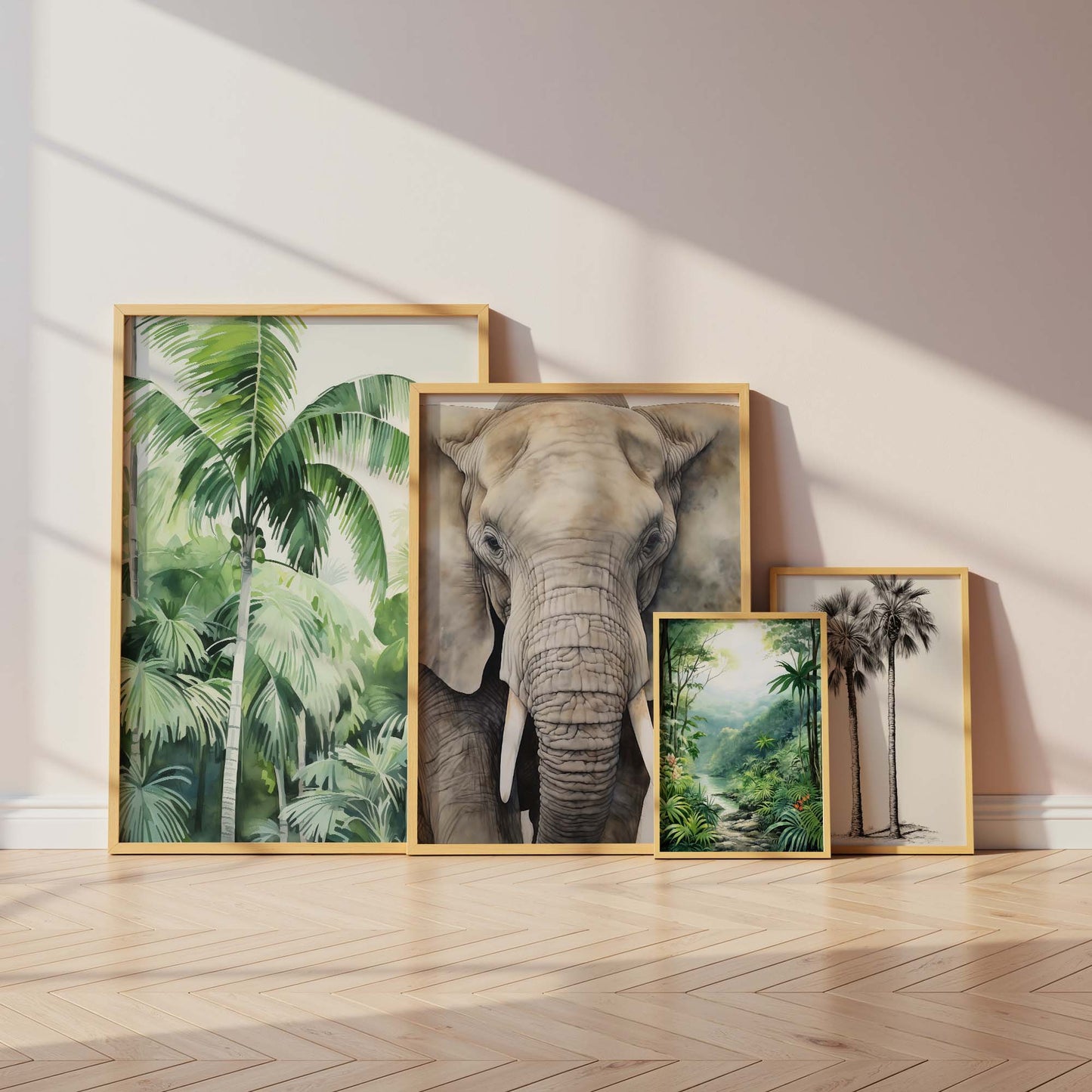 Safari Dschungel Poster · Geschenkidee · Faultier, Elefant und Tropische Pflanzen · Wohnzimmer Dekoprint ohne Rahmen