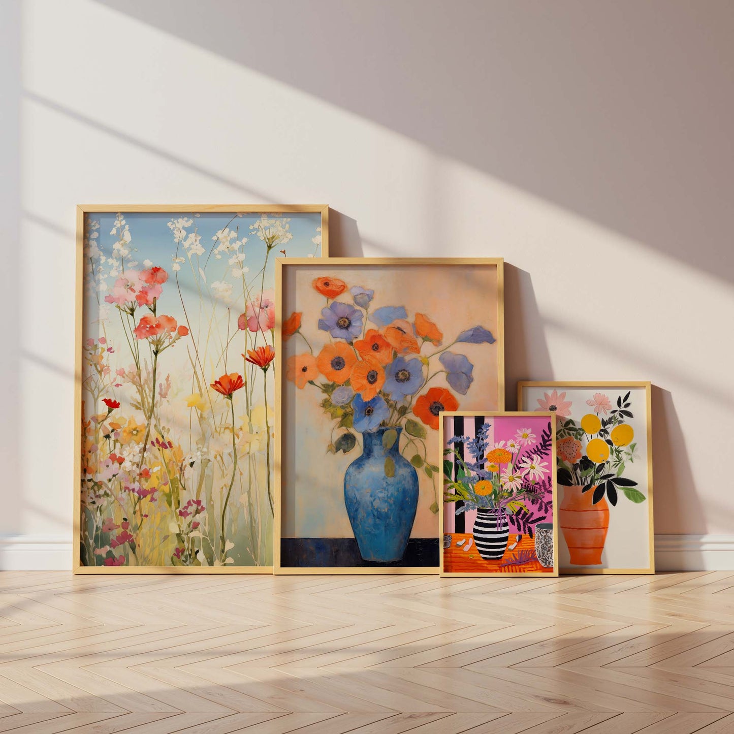 Blumen Poster · Geschenkidee · Farbenfrohe Blumenvasen und Künstlerische Floralkunst im Modernen Stil · Dekoprint ohne Rahmen