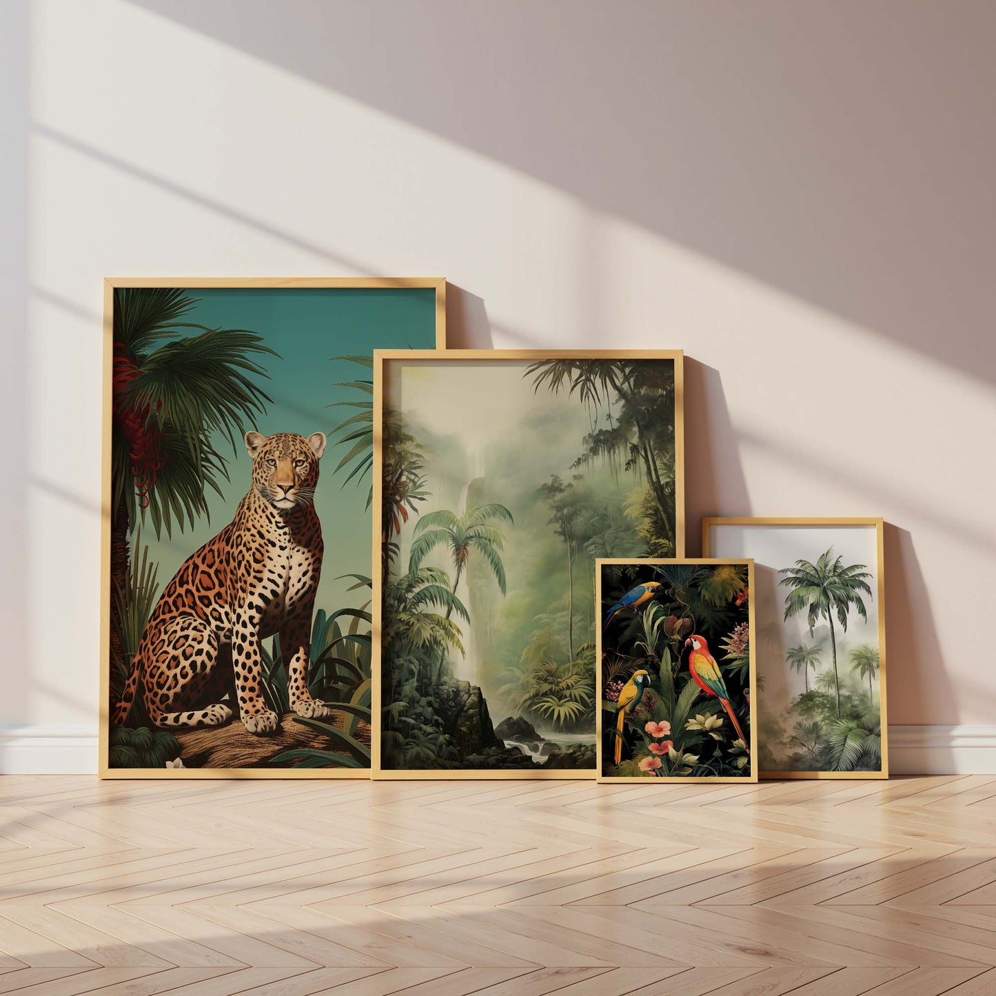 Dschungel Poster · Geschenkidee · Tropischer Regenwald Palmen Papageien und Leopard · Dekoprint ohne Rahmen