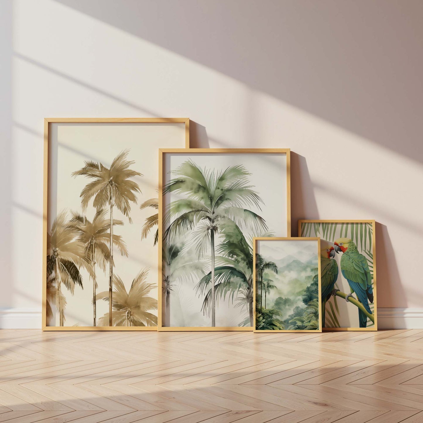 Tropische Palmen Poster · Geschenkidee · Papageien und Botanische Dschungelkunst · Wohnzimmer Dekoprint ohne Rahmen