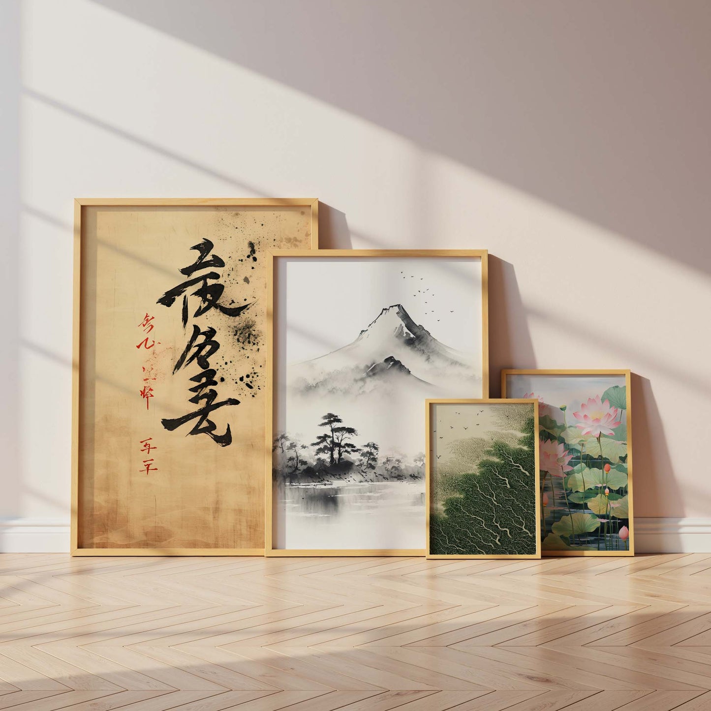 Japan Poster · Geschenkidee · Zen Kalligrafie Fuji Geisha und Lotusblüten · Dekoprint ohne Rahmen