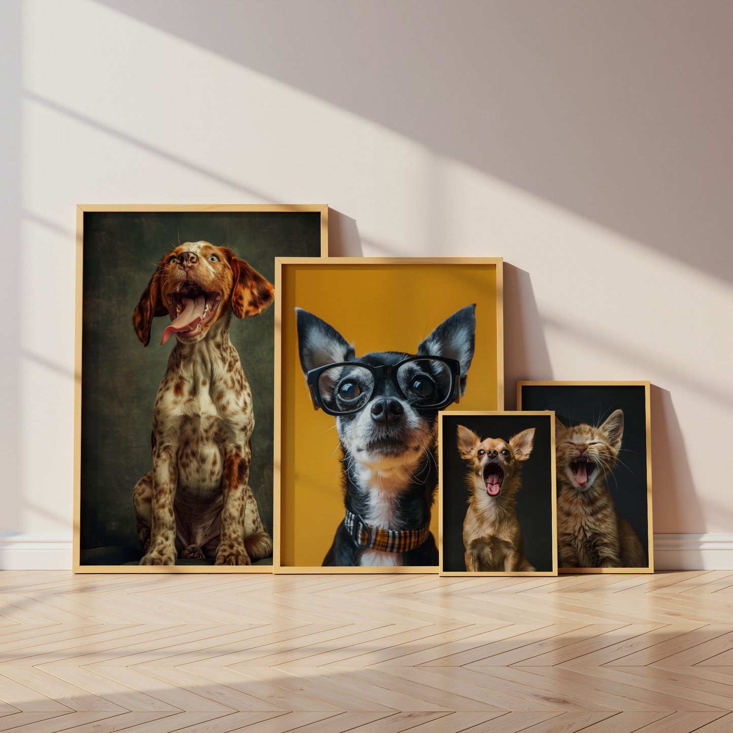 Lustige Haustier Poster · Geschenkidee · Chihuahua mit Brille Hunde und Katze · Dekoprint ohne Rahmen