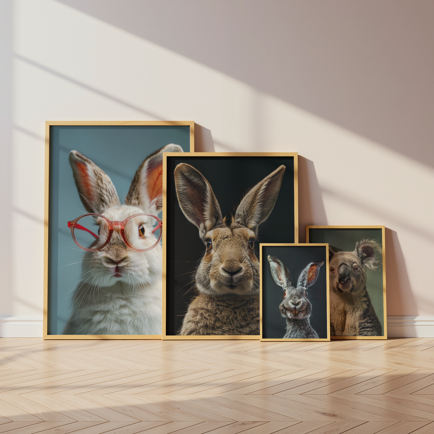 Niedliche Tierporträts Poster · Geschenkidee · Koala, Hase, Kaninchen und Kletterbeutler · Dekoprint ohne Rahmen