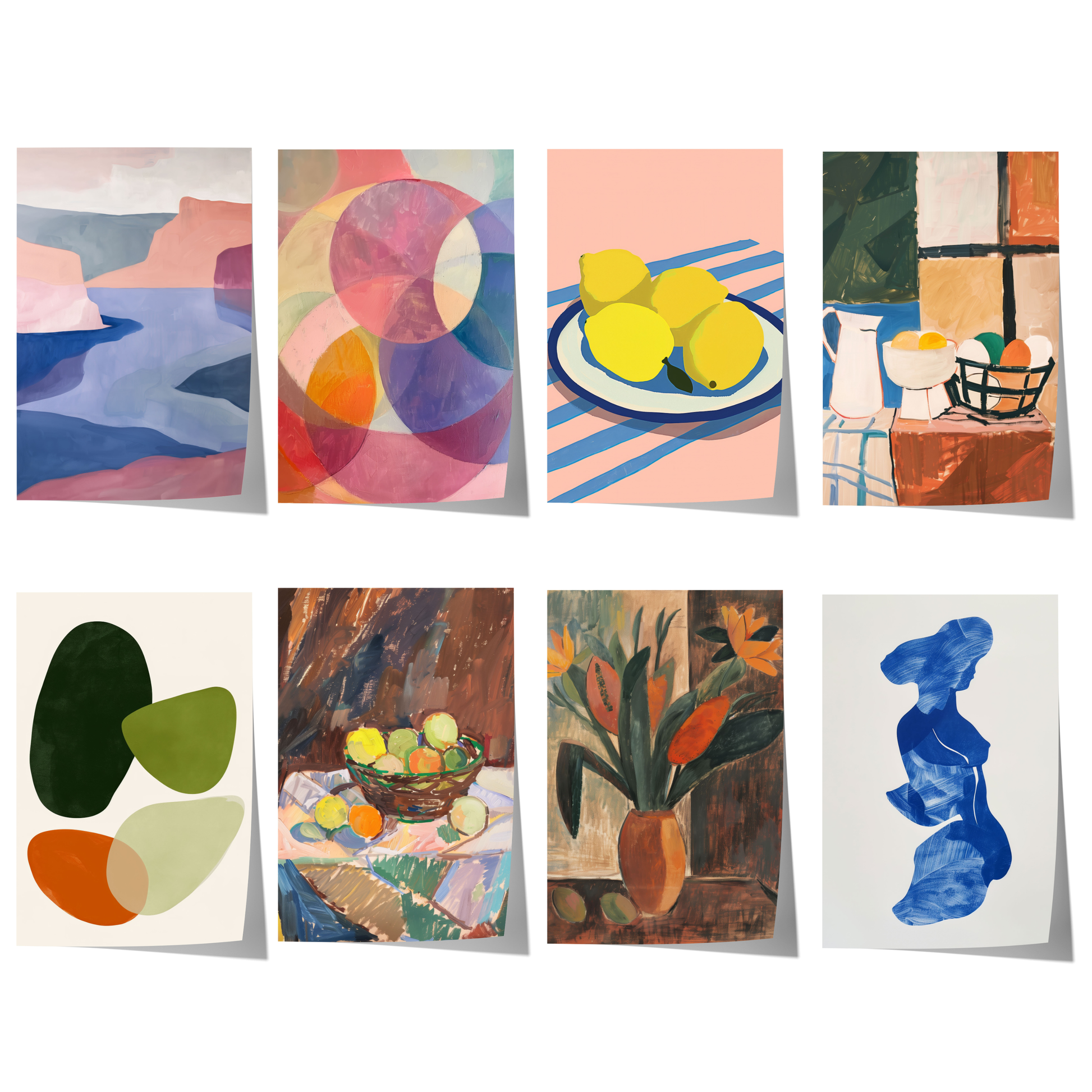 Modernes Kunst Poster mit abstrakten Formen, farbenfroher Landschaft, Stillleben, Zitronen, Blumen und zeitgenössischer Malerei als stilvolle Wanddekoration.
