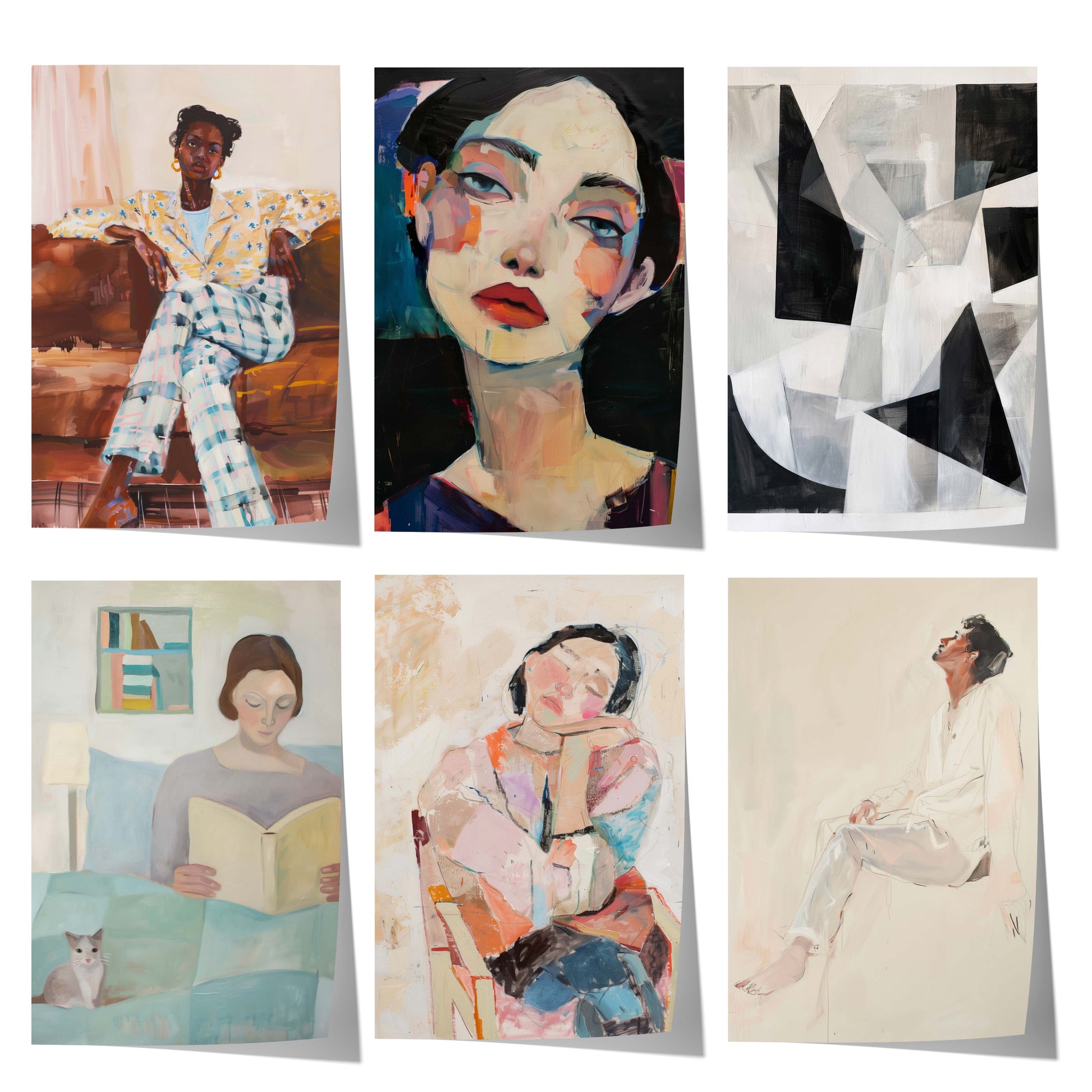 Modernes Kunst Poster mit ausdrucksstarken Frauenporträts, abstrakter Kunst und figurativer Malerei im zeitgenössischen Stil für stilvolle Wanddekoration.