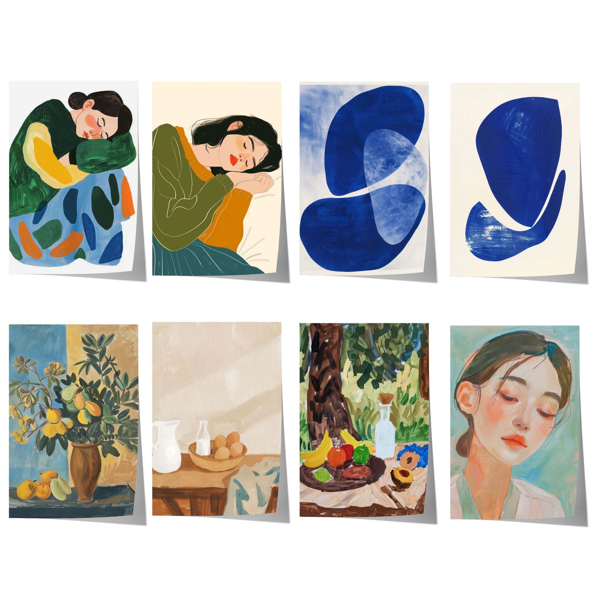 Modernes Poster mit minimalistischen Frauenporträts, abstrakter blauer Kunst, Stillleben mit Zitronen und Obst sowie zeitgenössischen Gemälden.