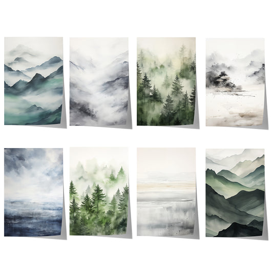 Aquarell Naturposter mit Nebelwald, Berglandschaften, Seen und ruhigen Naturmotiven in Grün-, Grau- und Blautönen.
