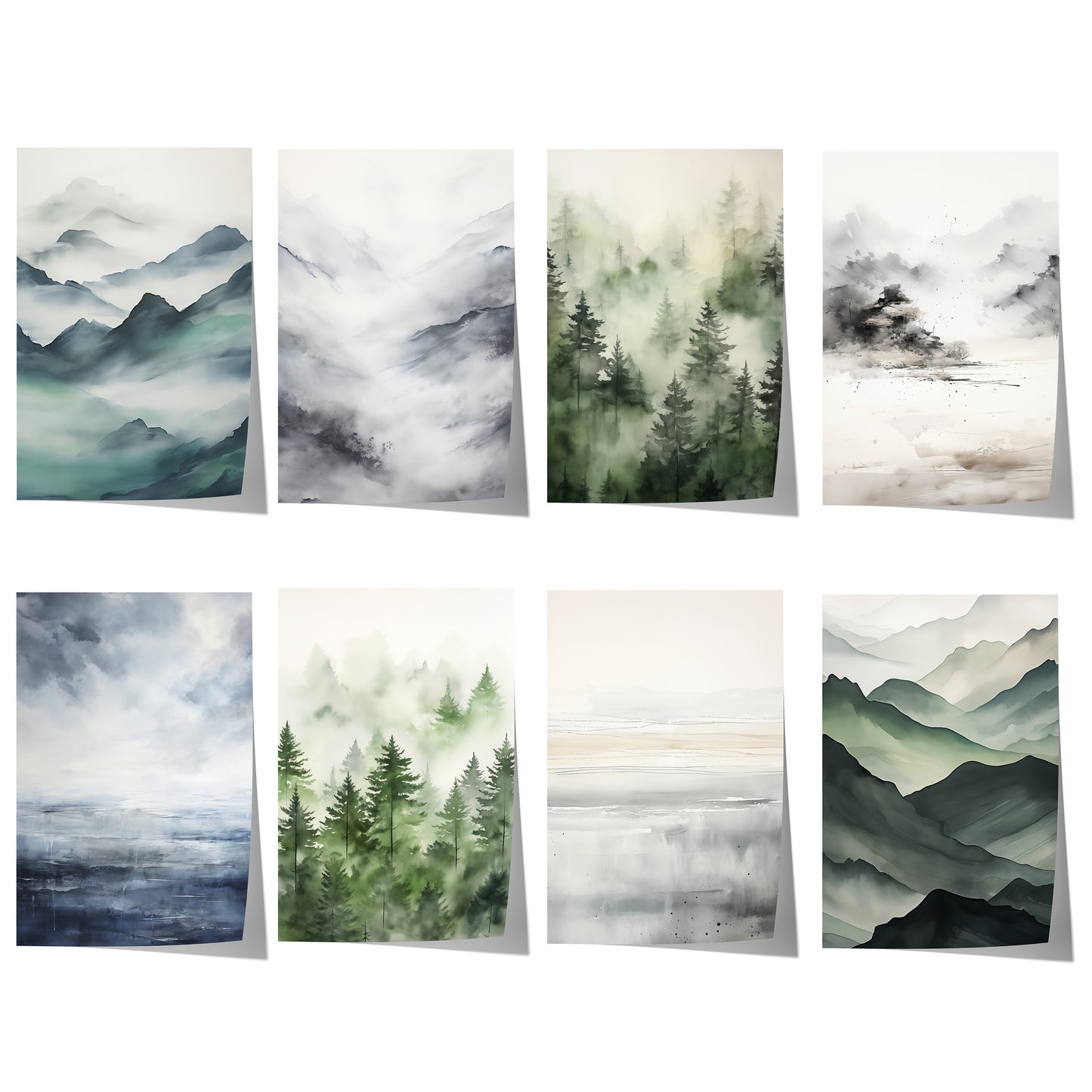 Aquarell Naturposter mit Nebelwald, Berglandschaften, Seen und ruhigen Naturmotiven in Grün-, Grau- und Blautönen.