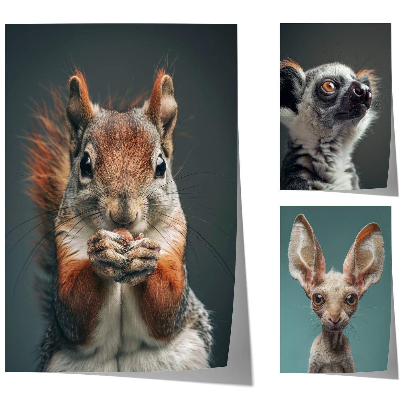 Niedliches Tiere Poster mit einem Eichhörnchen, einem Katta-Lemur und einer Fledermauskatze im modernen Tierporträtstil für stilvolle Wanddekoration.