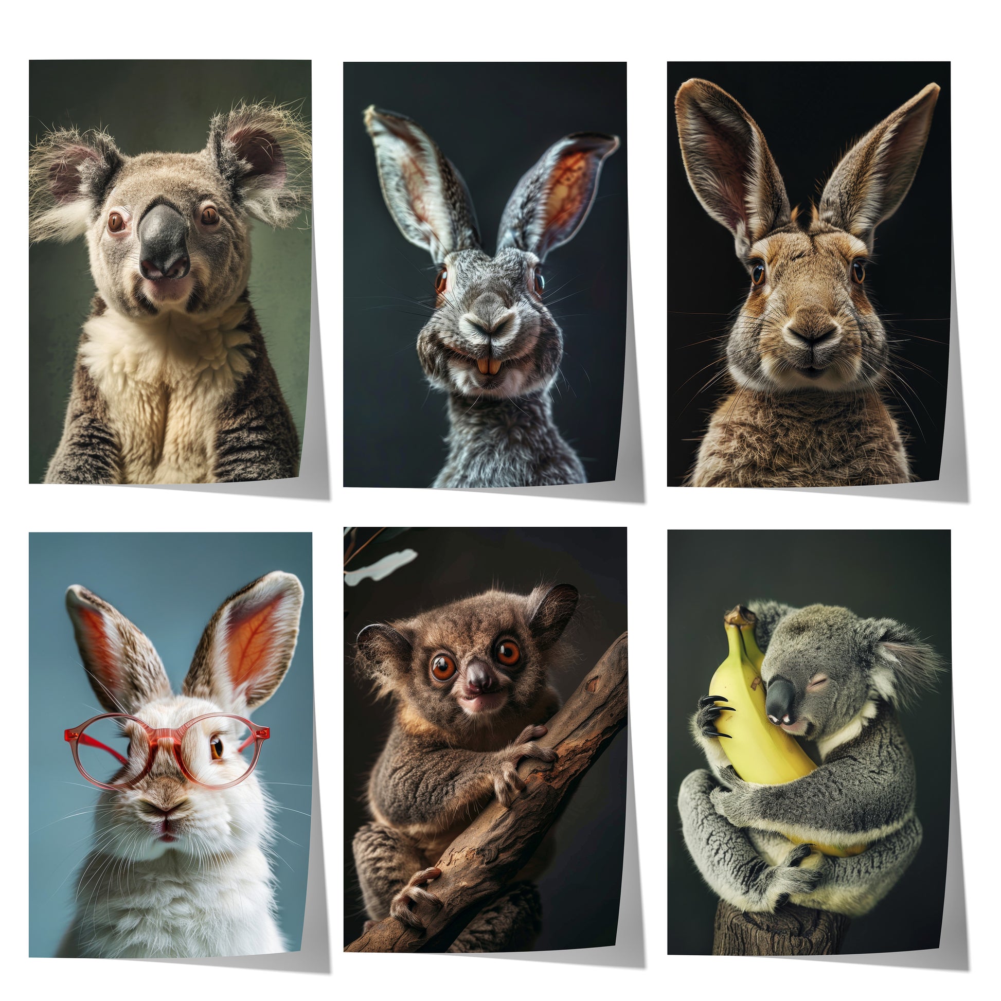 Niedliches Poster-Set mit Tierporträts von Koala, Hase, Kaninchen und Kletterbeutler im modernen Illustrationsstil – ideal als Wanddekoration.