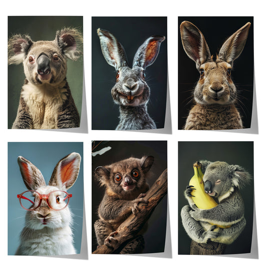 Niedliches Poster-Set mit Tierporträts von Koala, Hase, Kaninchen und Kletterbeutler im modernen Illustrationsstil – ideal als Wanddekoration.