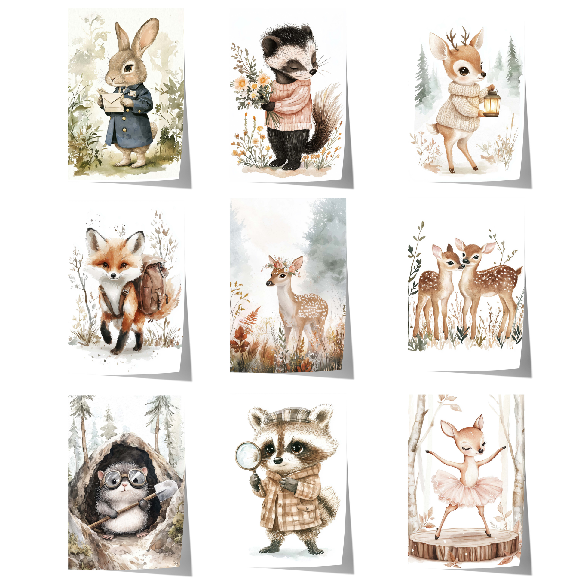 niedliche aquarell waldtierposter mit reh fuchs waschbär und hase für kinderzimmer