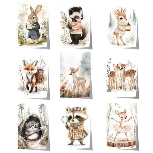 niedliche aquarell waldtierposter mit reh fuchs waschbär und hase für kinderzimmer