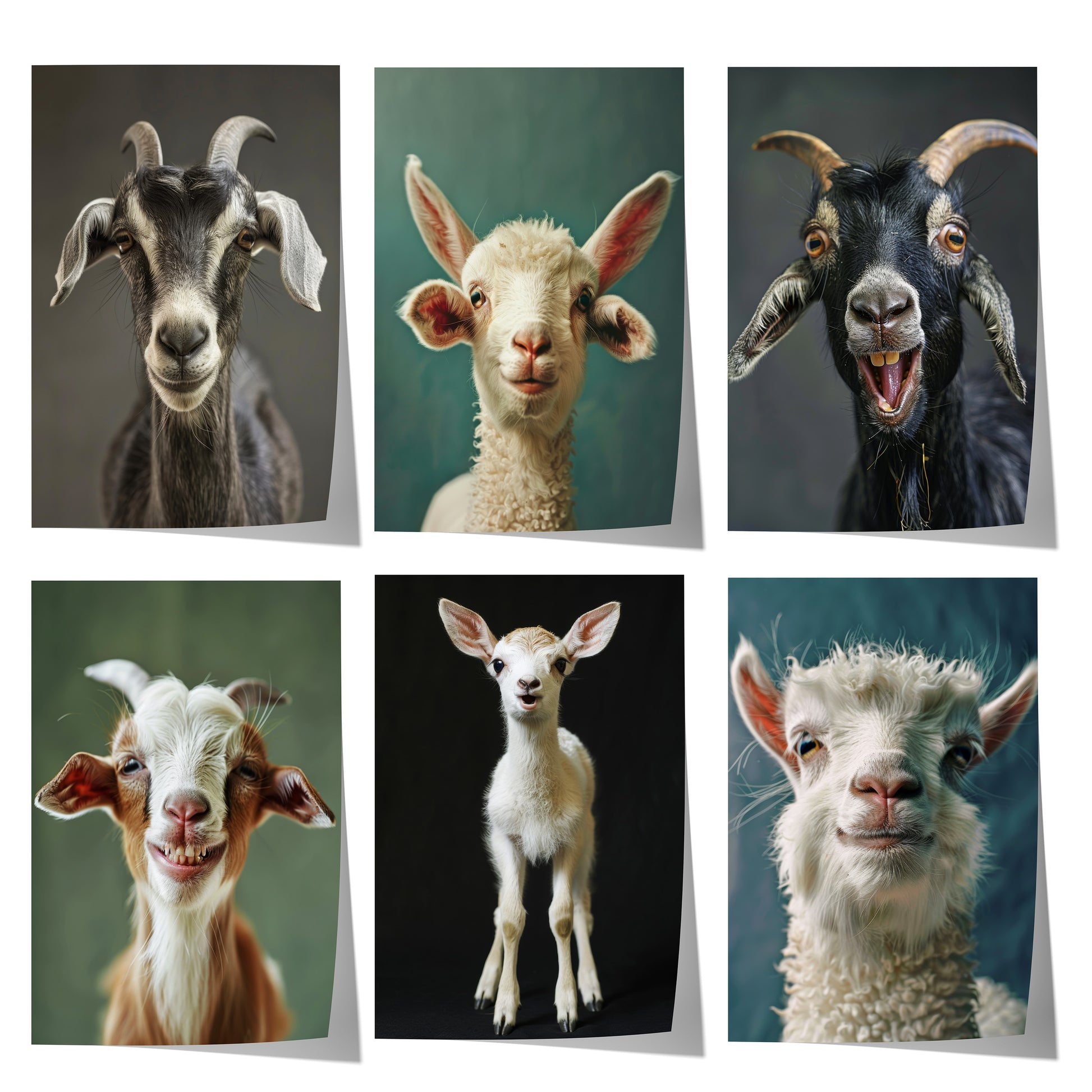 Niedliches Poster-Set mit Ziegen, Zicklein und Lämmern im modernen Tierporträtstil – perfekt als Wanddekoration für Wohn- oder Kinderzimmer.