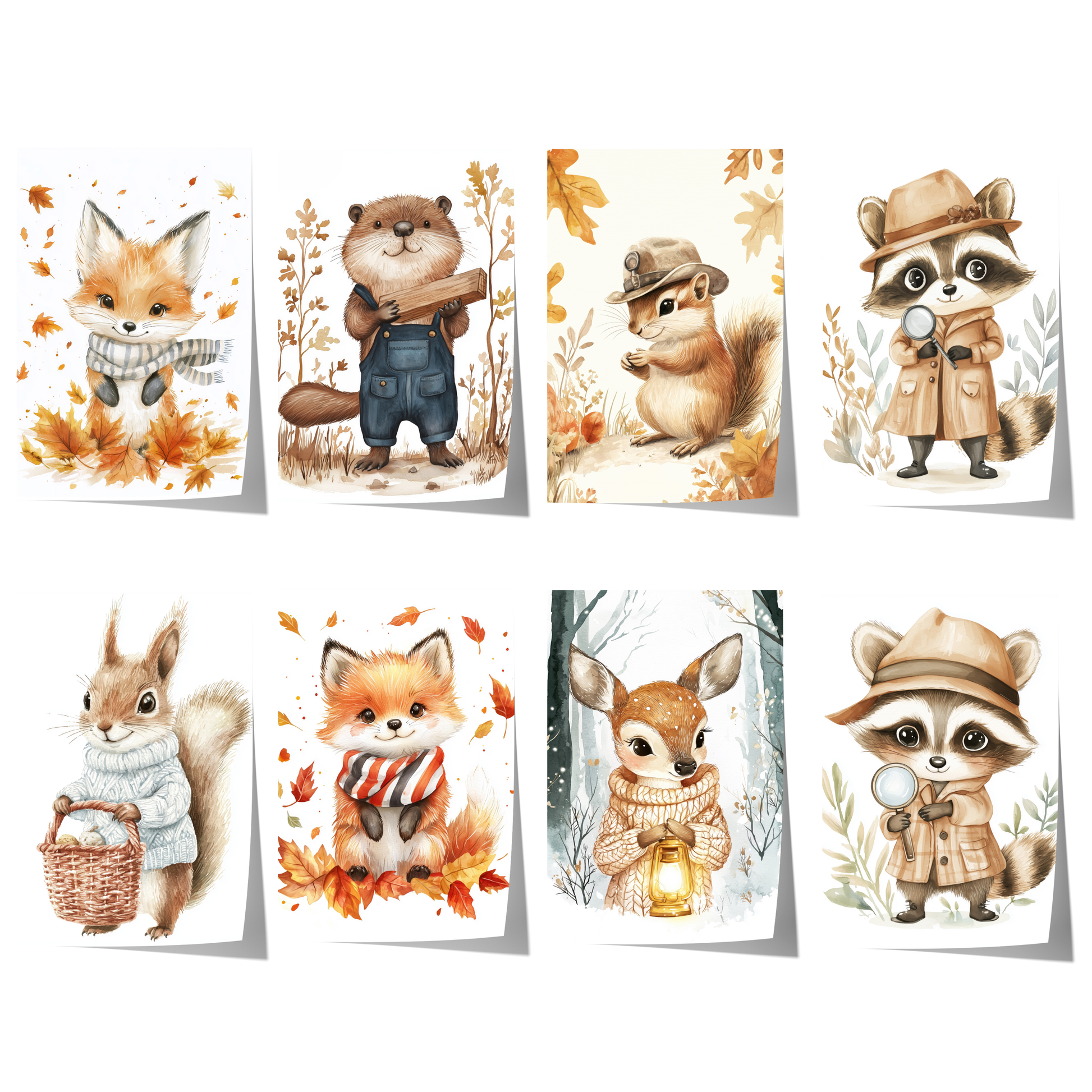 niedliches waldtier poster mit aquarell illustration von fuchs waschbär eichhörnchen und reh