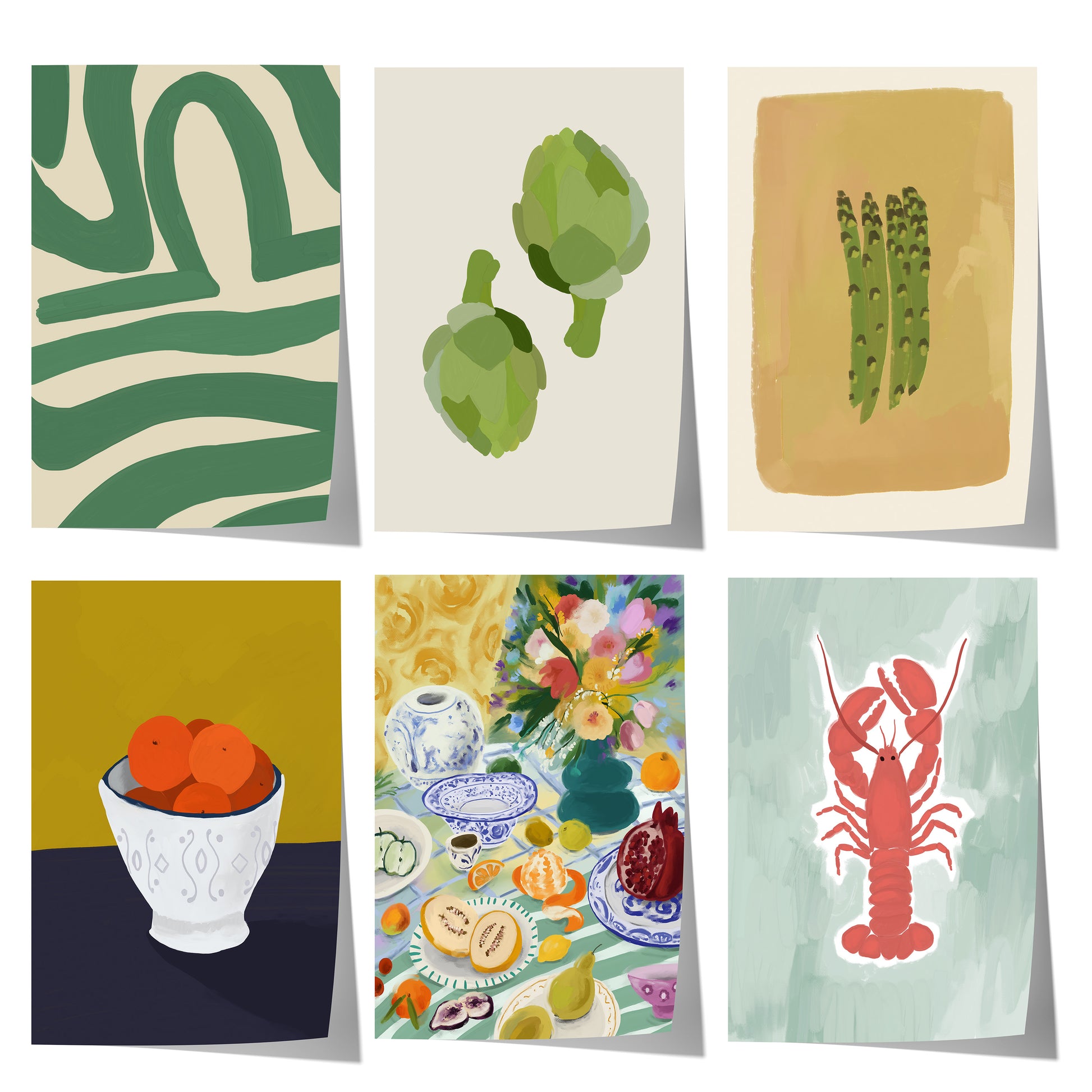 Moderne Kunstposter mit Artischocken, Gemüse, Zitrusfrüchten, Blumenstillleben und Hummer in natürlichen und lebendigen Farben.