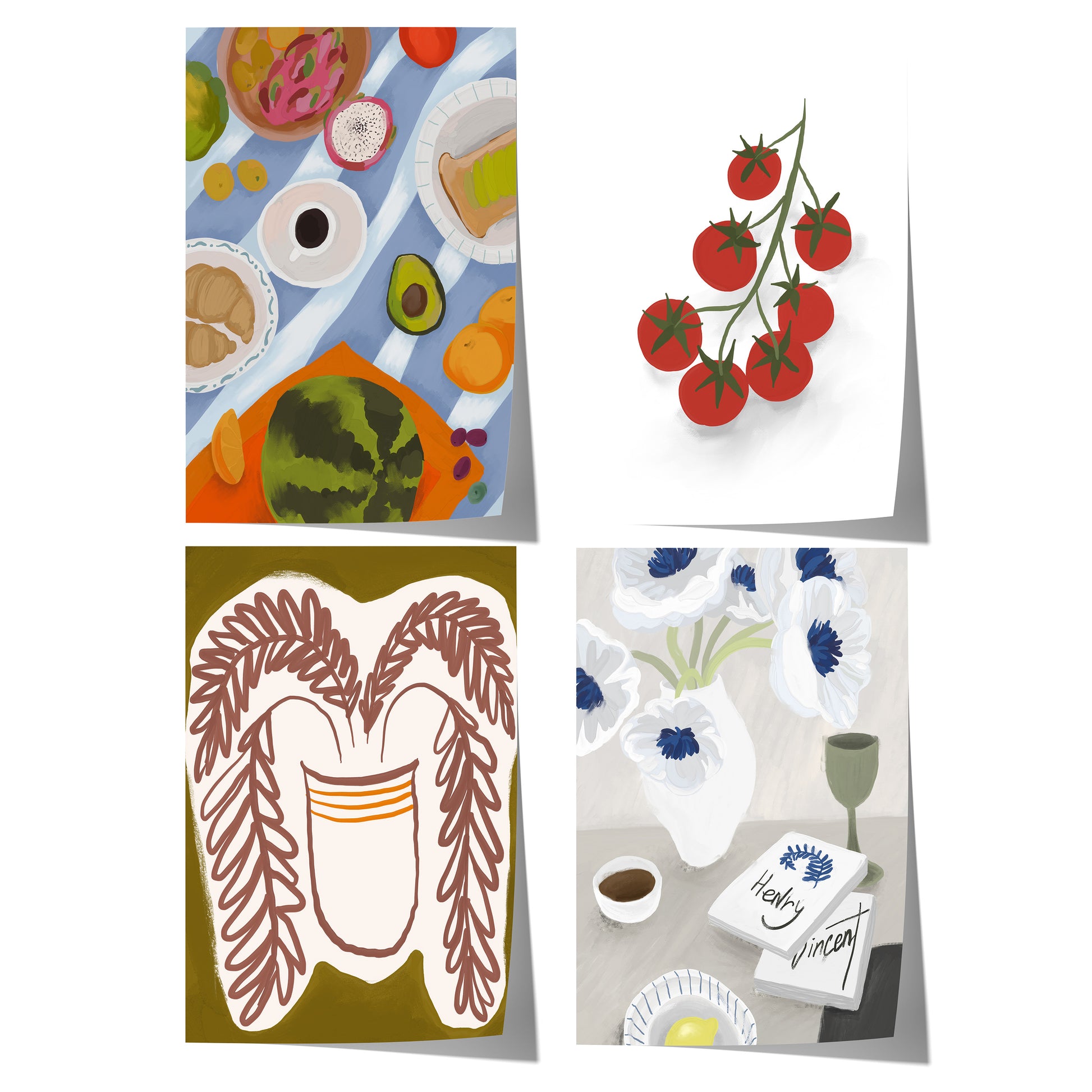 Modernes Stillleben mit bunten Früchten, Tomaten, floraler Kunst und stilisierter Pflanzenillustration.