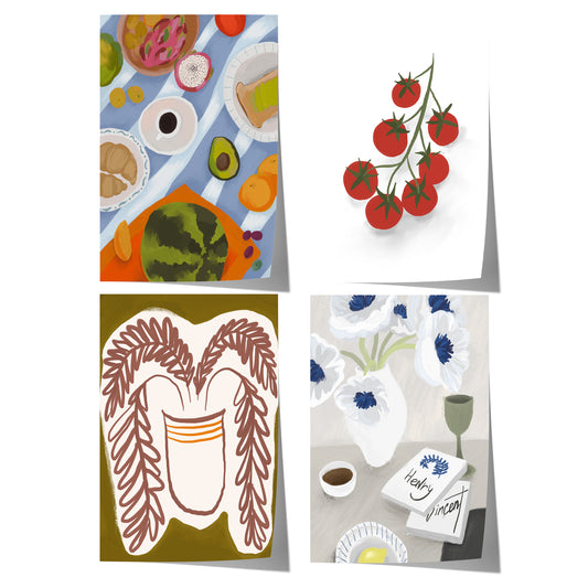 Modernes Stillleben mit bunten Früchten, Tomaten, floraler Kunst und stilisierter Pflanzenillustration.