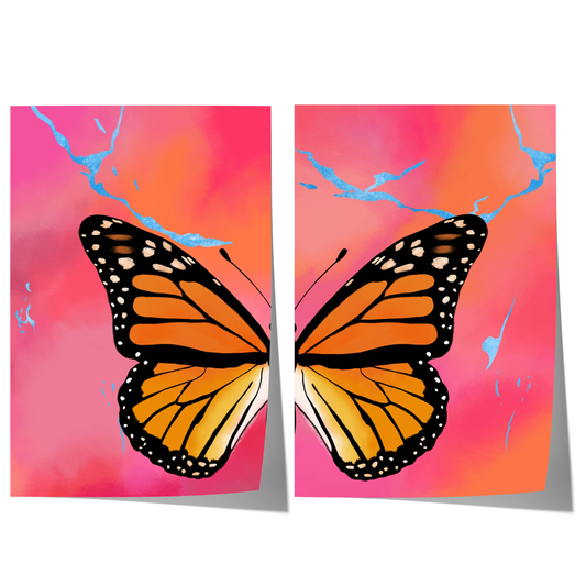orange butterfly wings poster set with pink gradient background