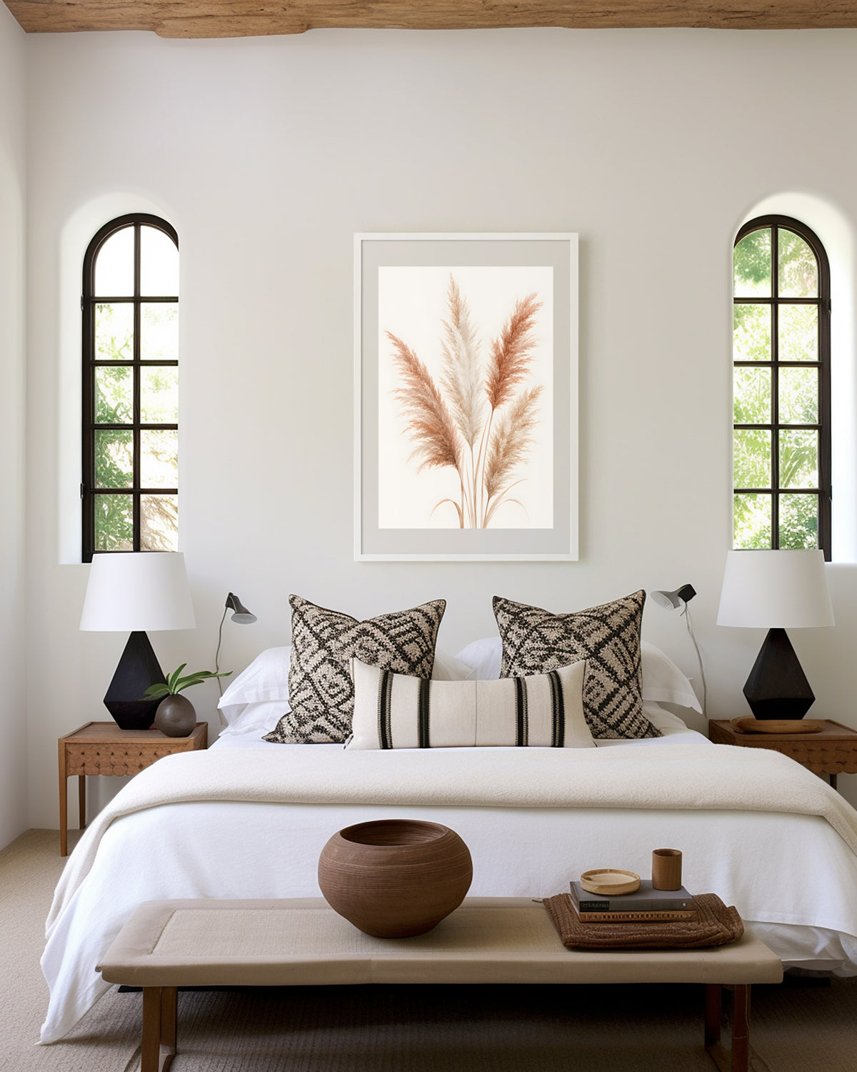 Motiv mit einem illustrierten Pampasbouquet in Rosé und Creme, als gerahmtes Poster in den Händen einer Frau.