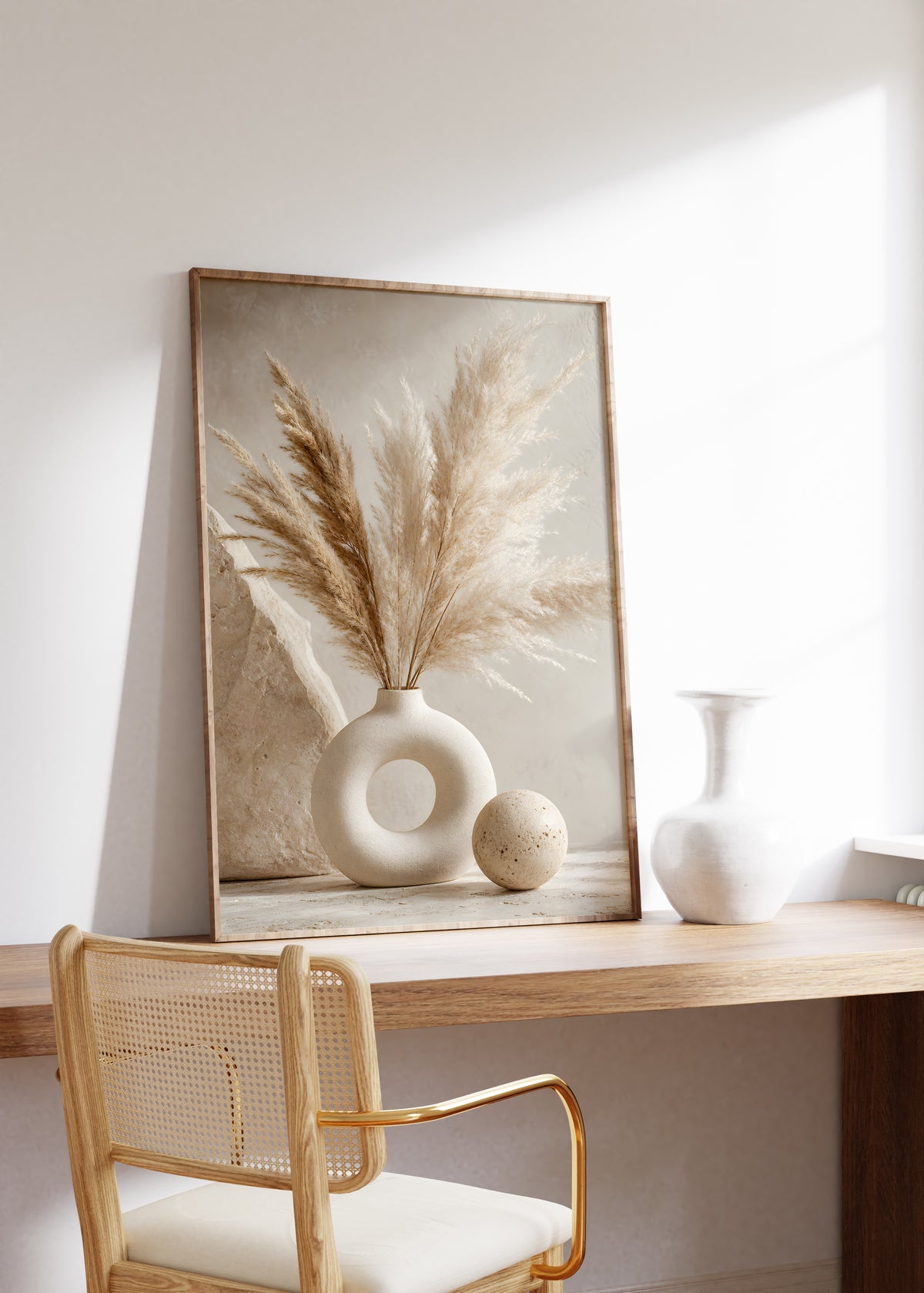 Gerahmtes Poster mit einem cremebraunen Pampasbouquet in einer weißen Ringvase neben einer Steinkugel, auf einem Holztisch neben einer weißen Vase.