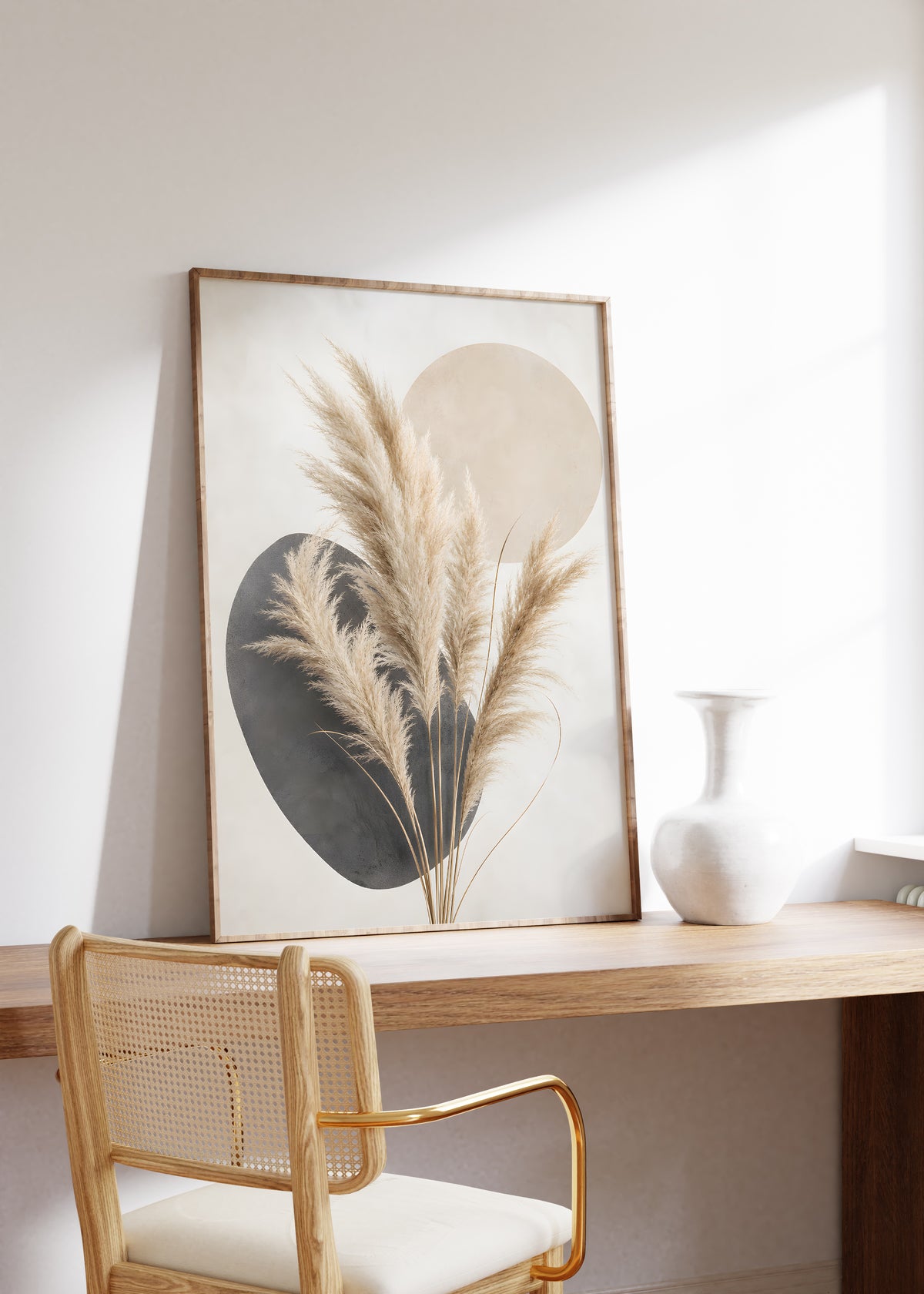 Gerahmtes Poster mit einem hellen Pampasbouquet vor einem anthrazitfarbenen Oval und beiger Kreisform, auf einem Holztisch neben einer weißen Vase.