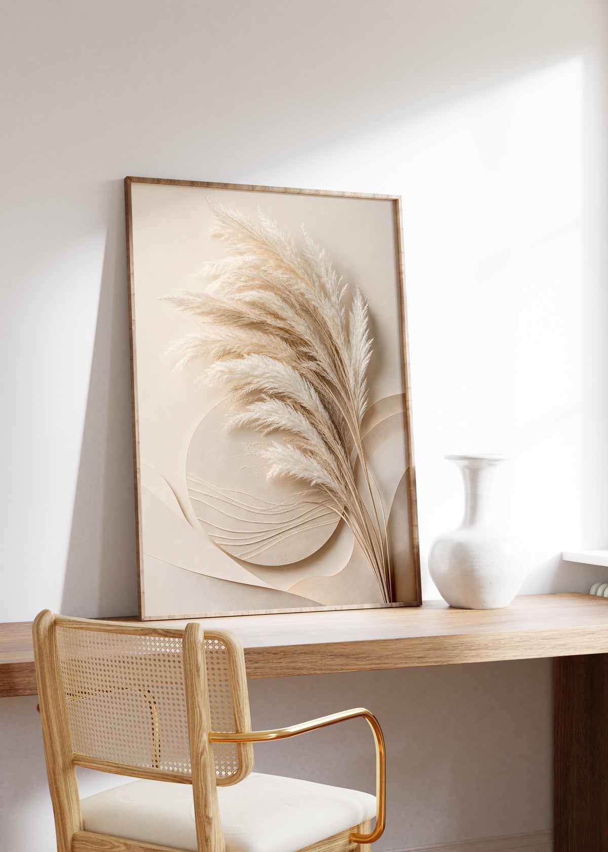 Gerahmtes Poster mit einem hellen Pampasbouquet vor geschwungenen cremebeigen Papierformen in Reliefoptik, auf einem Holztisch neben einer weißen Vase.