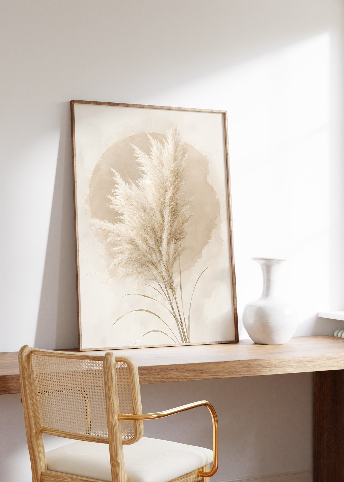 Gerahmtes Poster mit einem hellen Pampasbouquet vor einem beigen Aquarellkreis, auf einem Holztisch neben einer weißen Vase.
