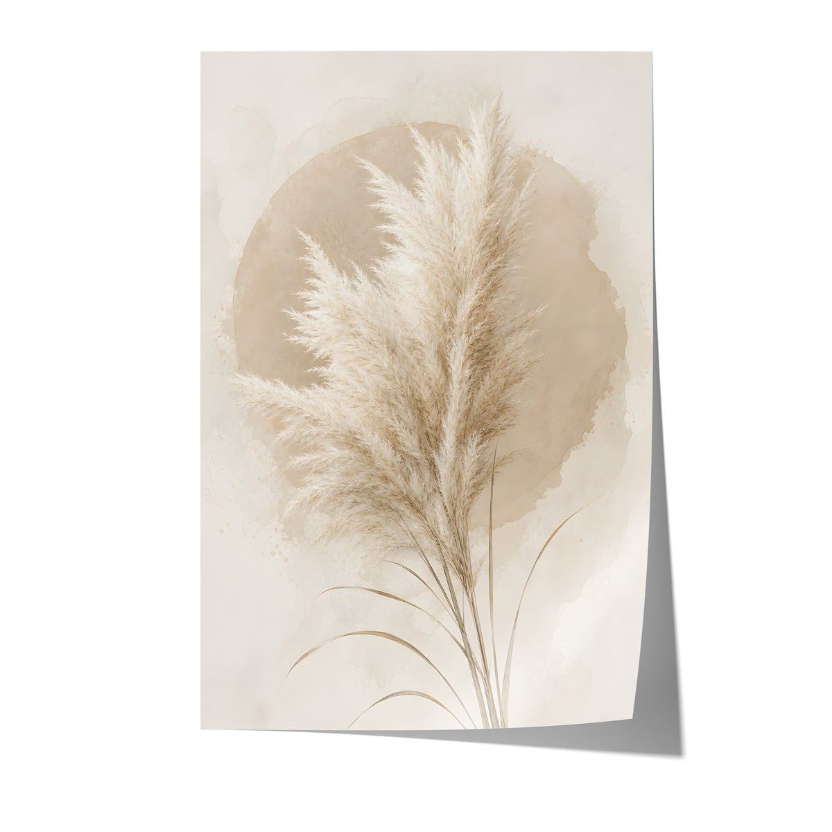 Poster mit einem hellen Pampasbouquet vor einem beigen Aquarellkreis auf weißem Hintergrund.
