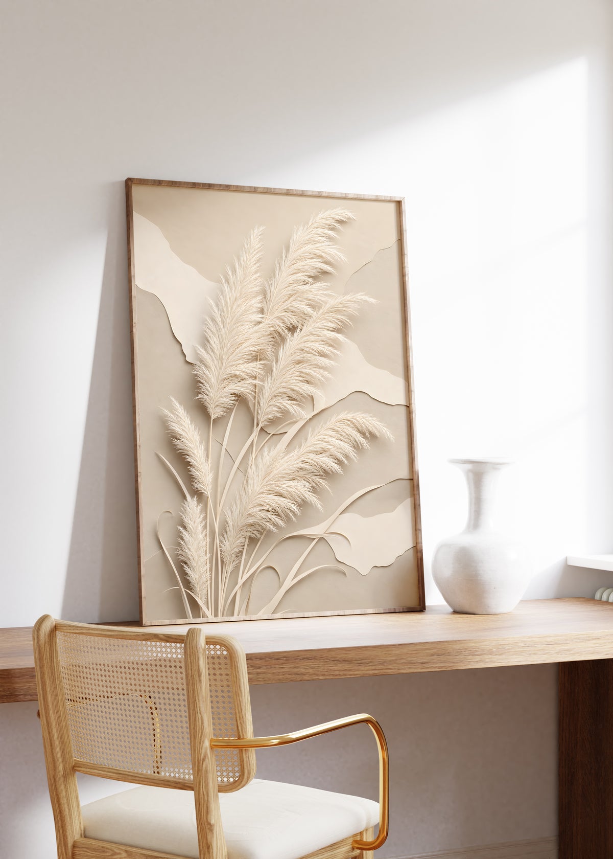 Gerahmtes Poster mit hellen Pampasgräsern in Reliefoptik vor geschichteten beigen Papierformen, auf einem Holztisch neben einer weißen Vase.