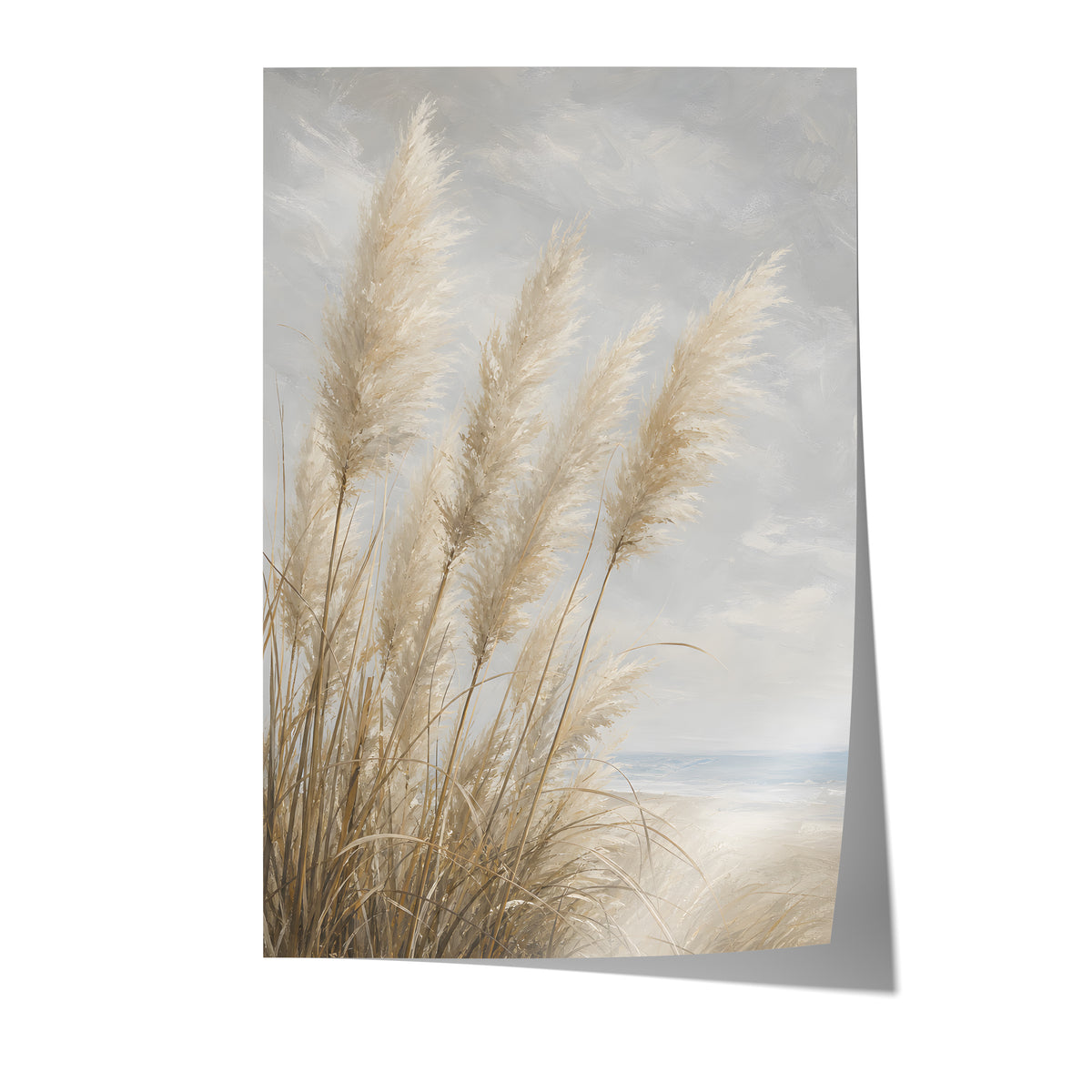 Poster mit hellen Pampasgräsern am Meer unter einem wolkigen Himmel in malerischer Optik auf weißem Hintergrund.