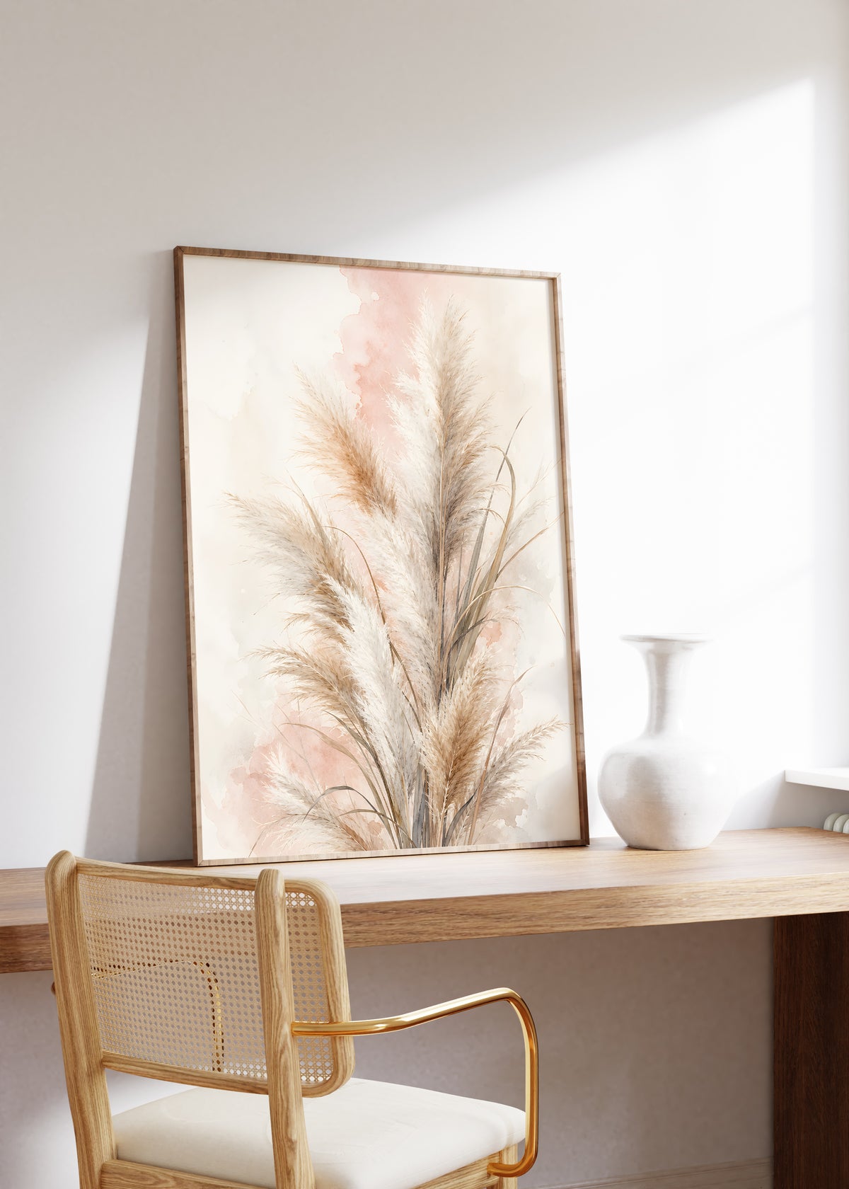 Gerahmtes Poster mit beigebraunen Pampasgräsern vor rosigen Aquarellflächen, auf einem Holztisch neben einer weißen Vase.