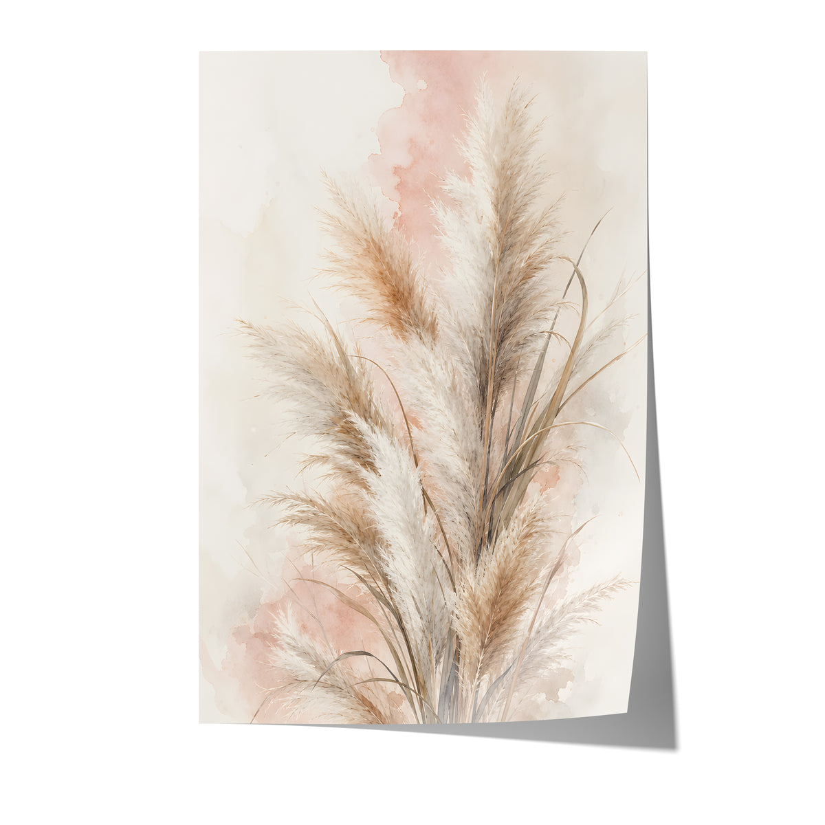 Poster mit beigebraunen Pampasgräsern vor rosigen Aquarellflächen auf weißem Hintergrund.