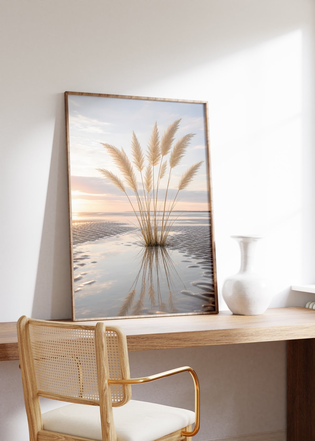 Gerahmtes Poster mit einem Pampasgrasbüschel mit Spiegelung im nassen Strandsand bei Sonnenuntergang, auf einem Holztisch neben einer weißen Vase.