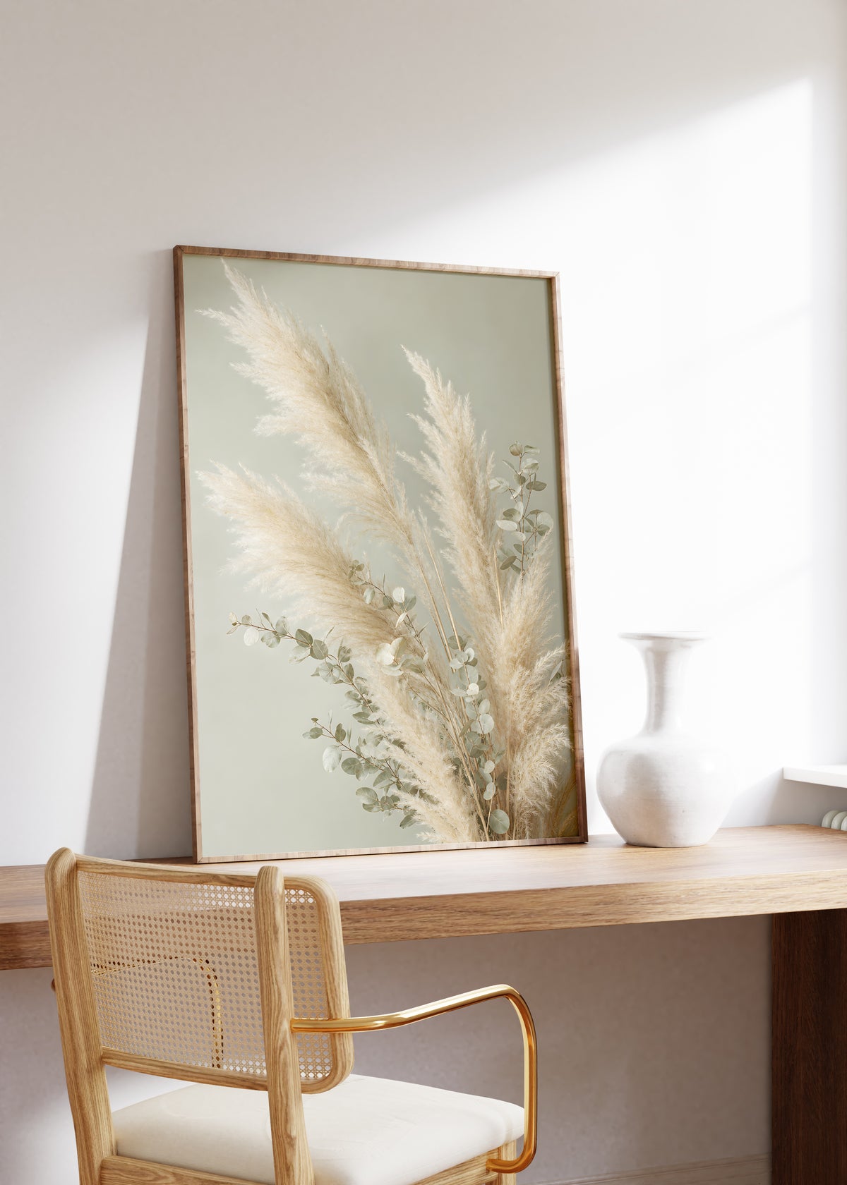 Gerahmtes Poster mit hellen Pampaswedeln und Eukalyptuszweigen vor salbeigrünem Hintergrund, auf einem Holztisch neben einer weißen Vase.