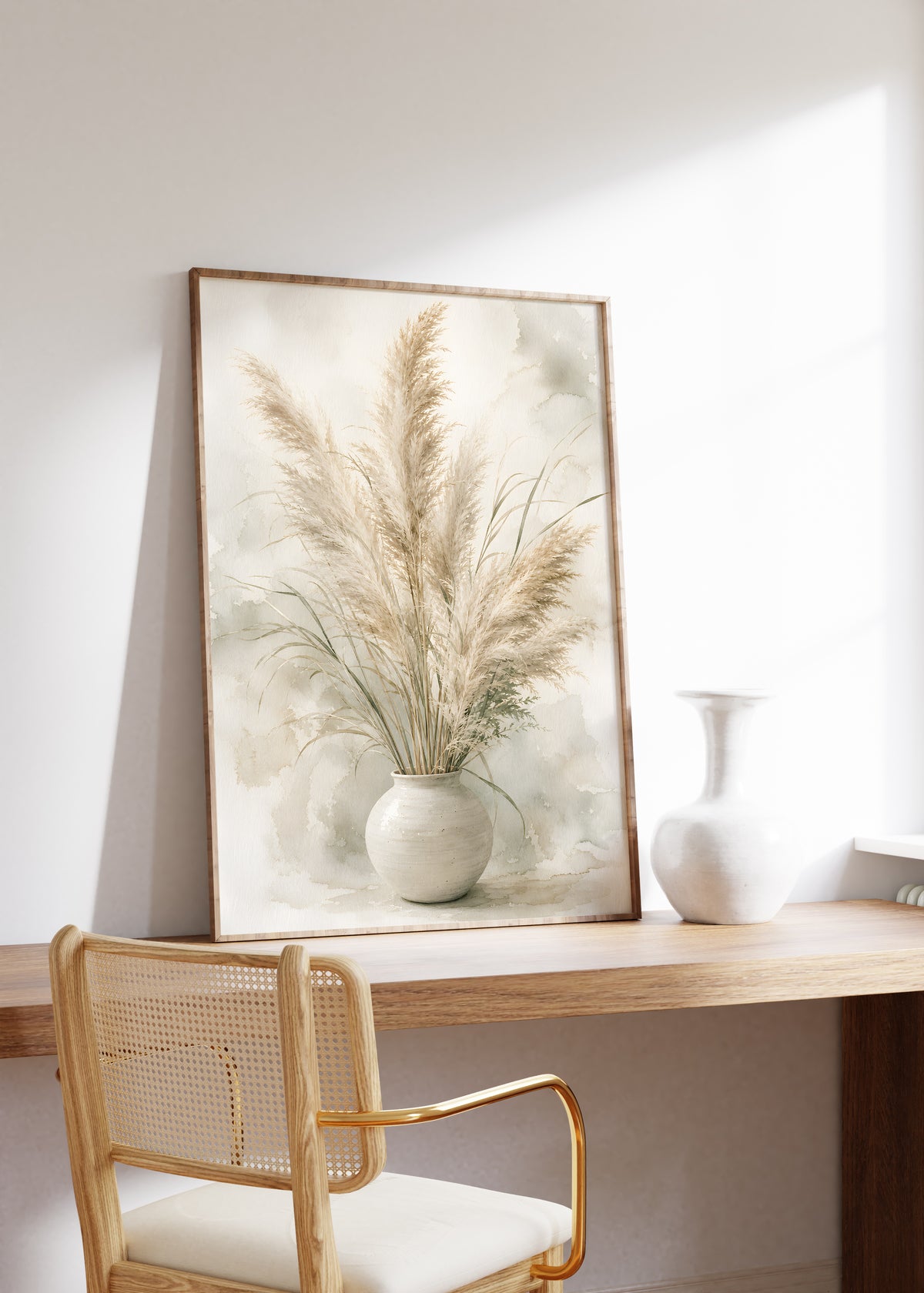 Gerahmtes Poster mit einem Pampasstrauß in einer hellen Vase vor grünlich-grauen Aquarellflächen, auf einem Holztisch neben einer weißen Vase.